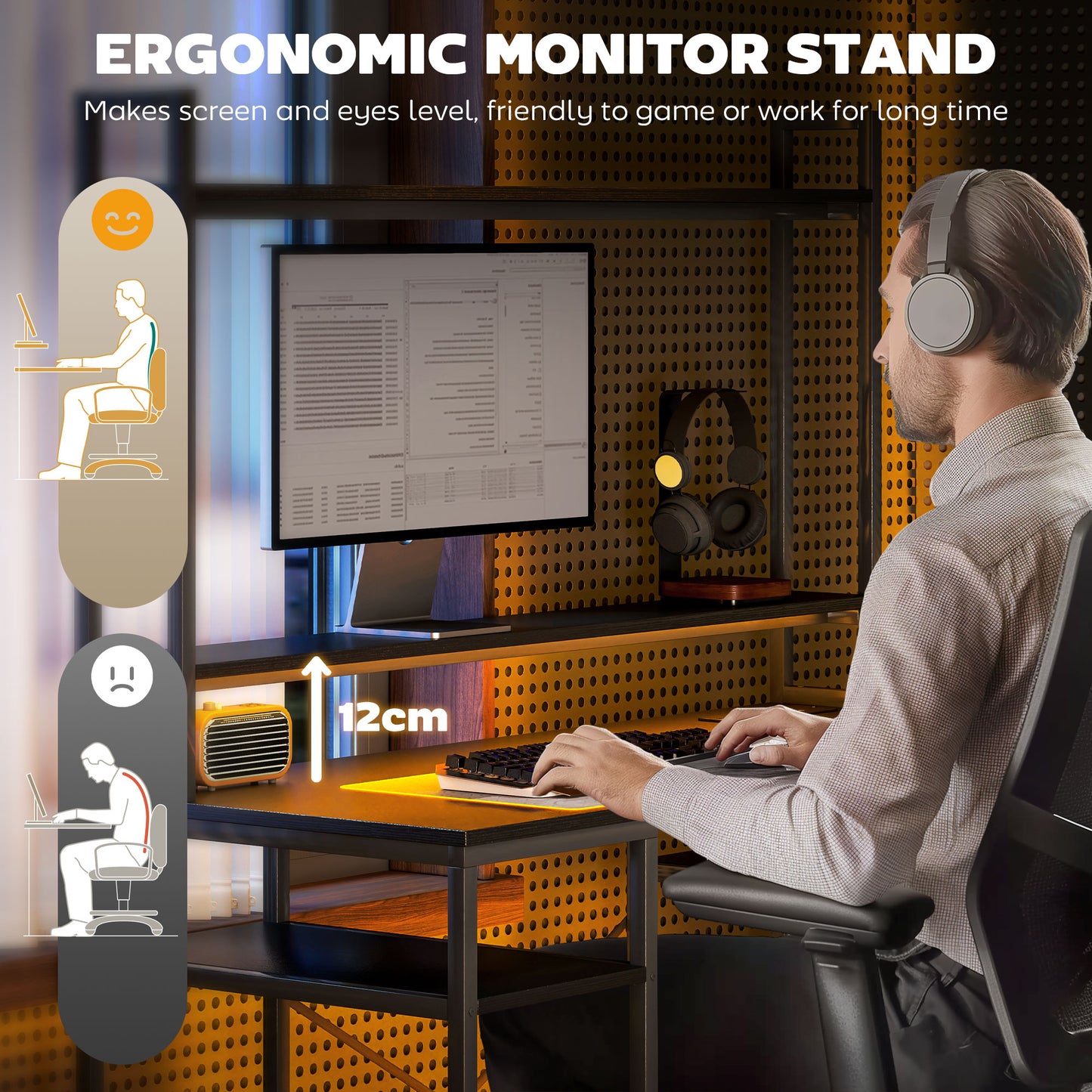 HOMCOM Computer Desk with Power Outlets & LED, Home Office Desk with Monitor Stand & 2 CPU Stands, Hutch Gaming Desk, Black