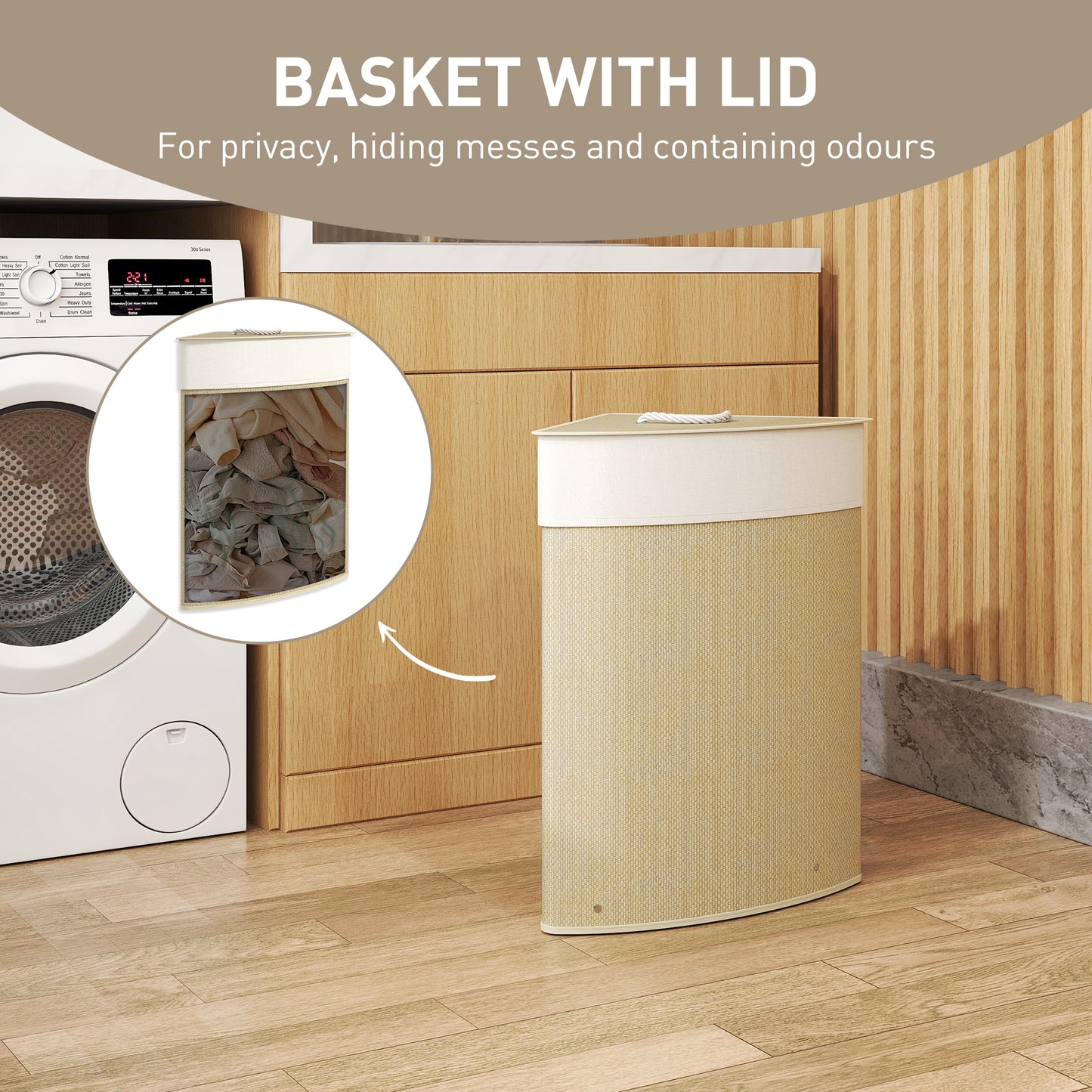 HOMCOM Bamboo Laundry Basket with Lid, 55L Corner Hamper, Removable Liner, Bathroom Triangle Basket, 35x35x60cm, Nature Wood Finish