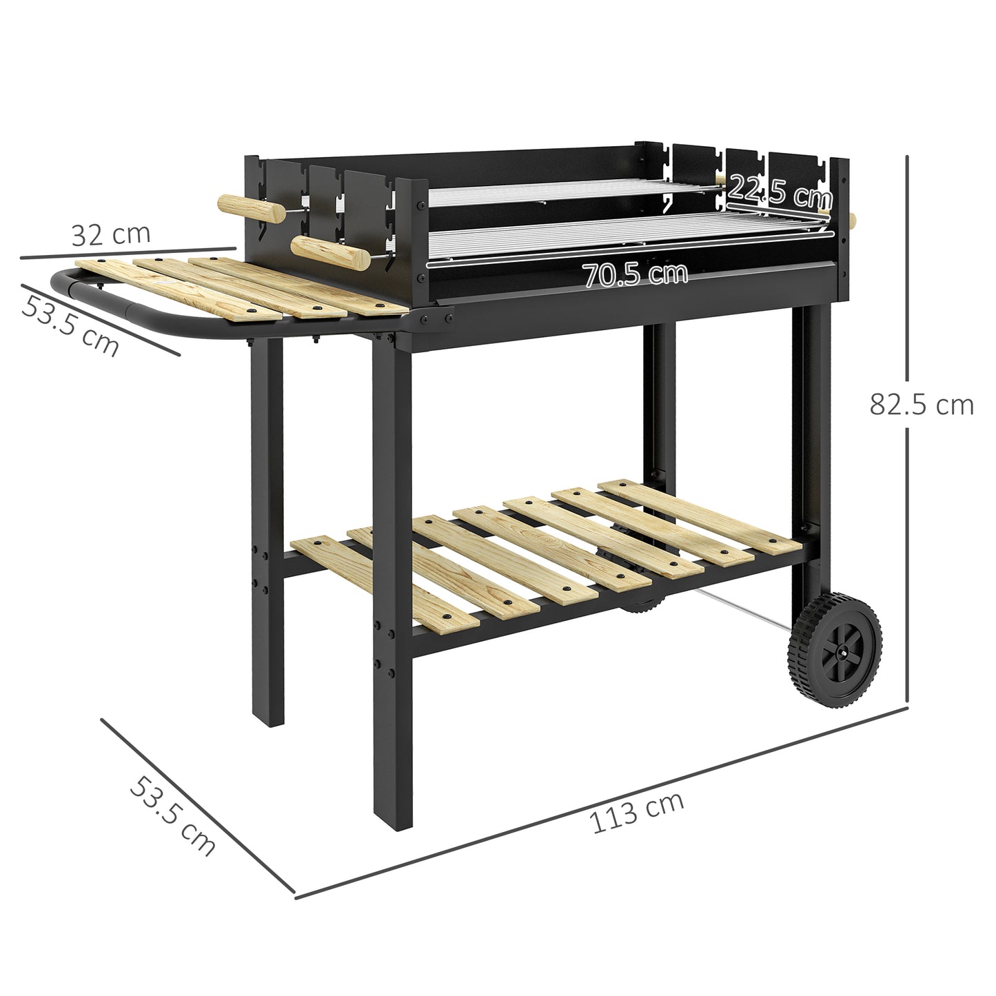 Outsunny Charcoal BBQ Grill, Trolley with Double Adjustable Grill, Side Table, Storage Shelf, Wheels for Outdoor Cooking, Black