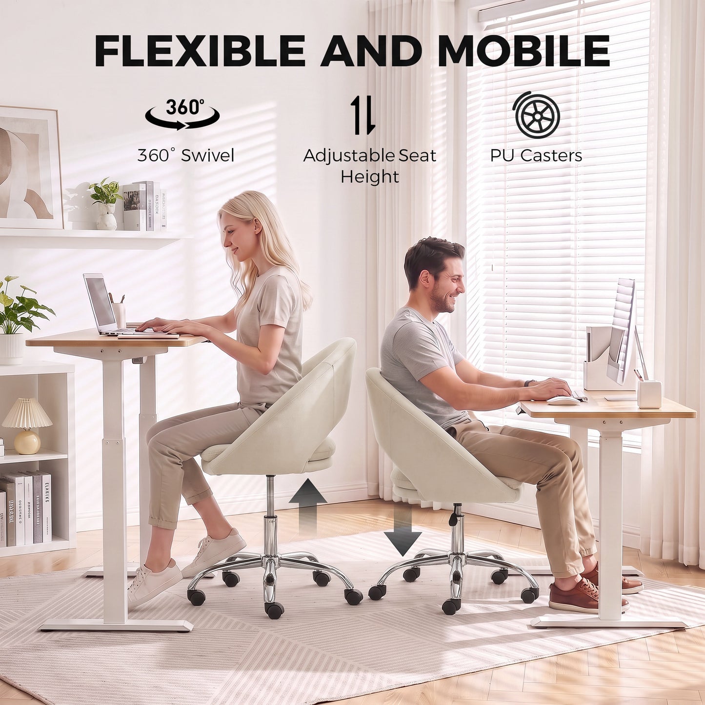 HOMCOM Velvet Desk Chair, Modern Office Chair with Height-Adjustable, Wheels, for Home Study Bedroom, Cream