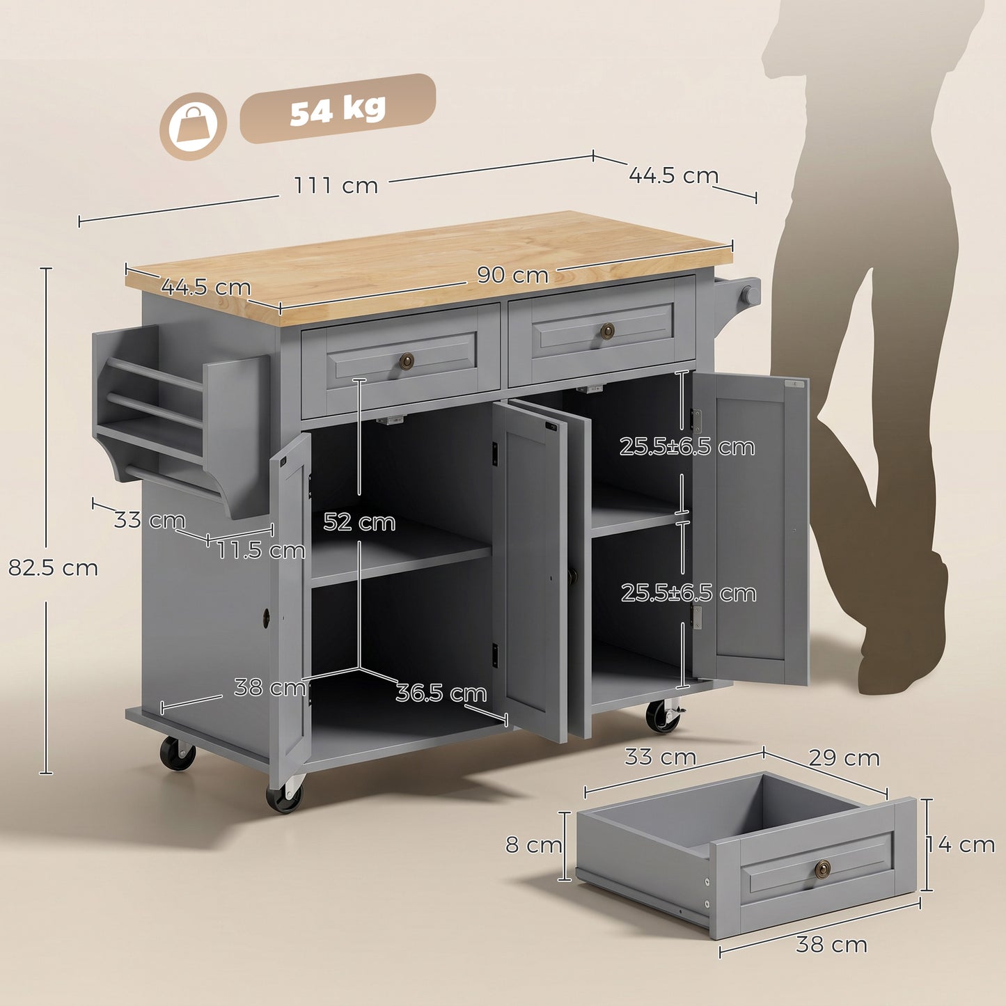 HOMCOM Kitchen Island on Wheels, Rolling Kitchen Trolley with Rubberwood Top, 2 Drawers, Adjustable Shelves, Grey