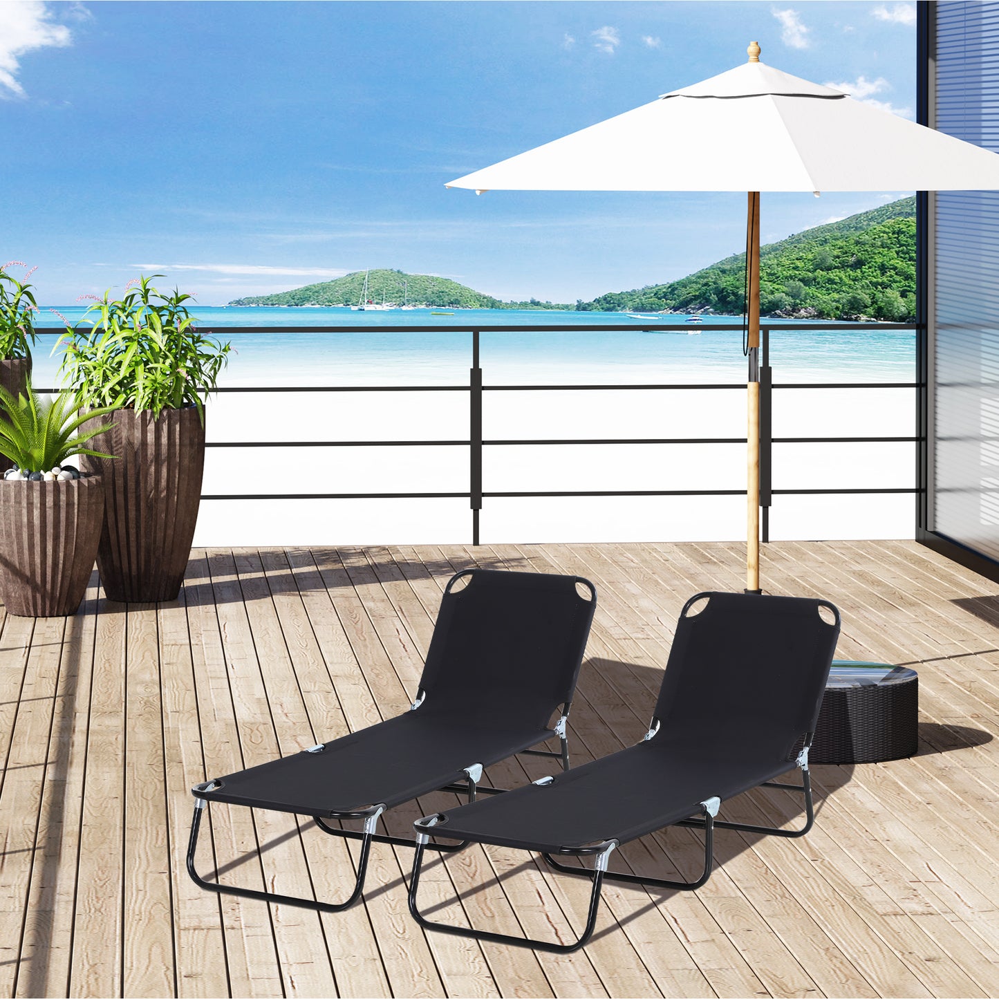 Outsunny 2-Piece Foldable Sun Loungers, 5-Position Adjustable Backrest, Portable Recliner Chairs with Breathable Mesh, Black