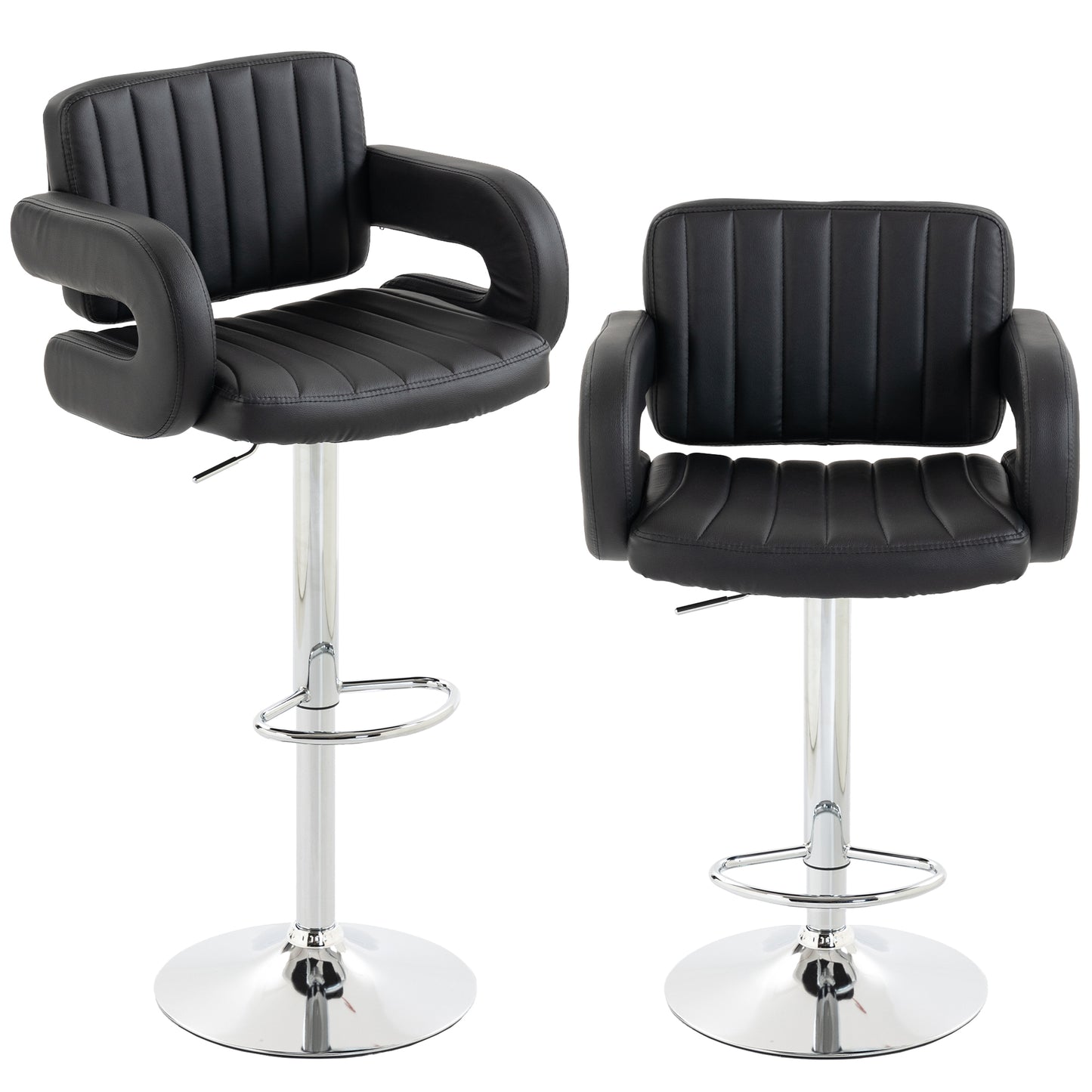 HOMCOM Bar Stools Adjustable Swivel Kitchen Chairs with Backrest Armrest Set of 2 PU Leather Black
