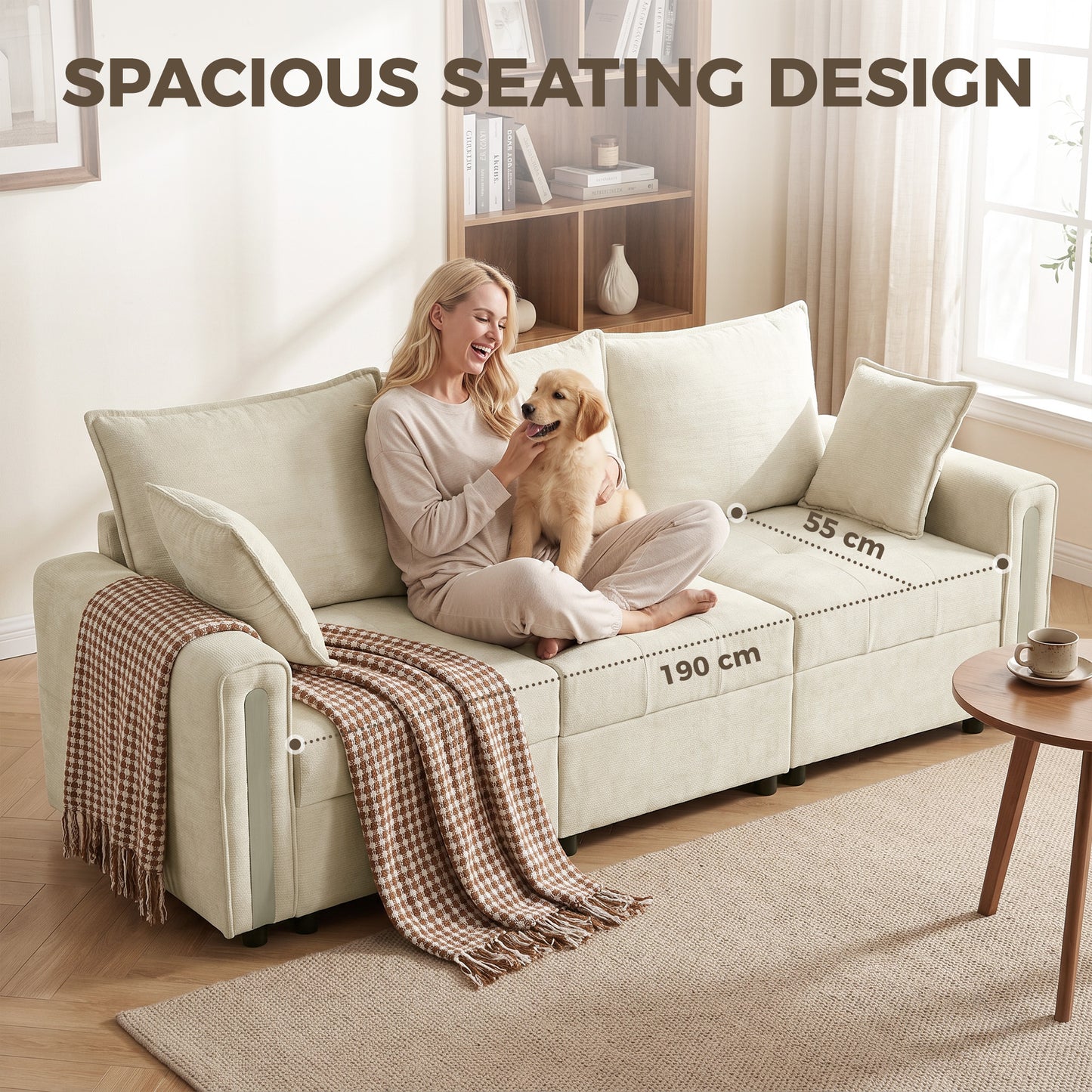HOMCOM 3 Seater Sofa with Lift-Up Storage, 228cm Comfy Velvet Couch with Wide Deep Seat, Beige