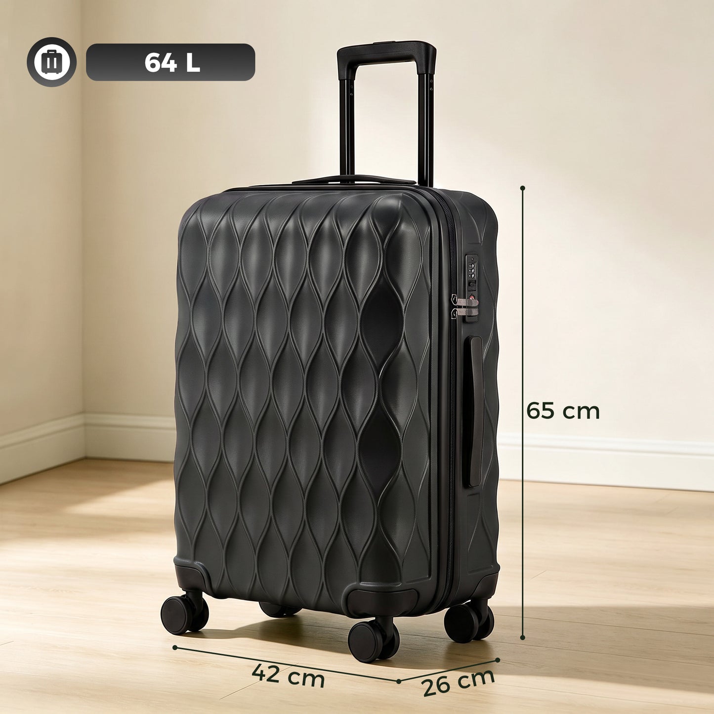 HOMCOM 24Inch Suitcase, ABS Hard Shell Checked Luggage with TSA Lock, Spinner Wheels, Telescopic Handle, Black