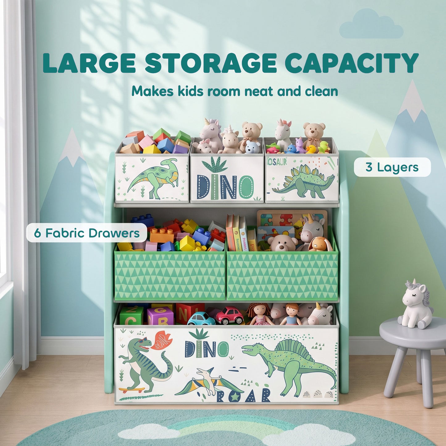 AIYAPLAY Toy Storage Organiser, 3-Tier Wooden Kids Toy Storage Rack with 6 Fabric Storage Bins for Bedroom, Kids Room, Green