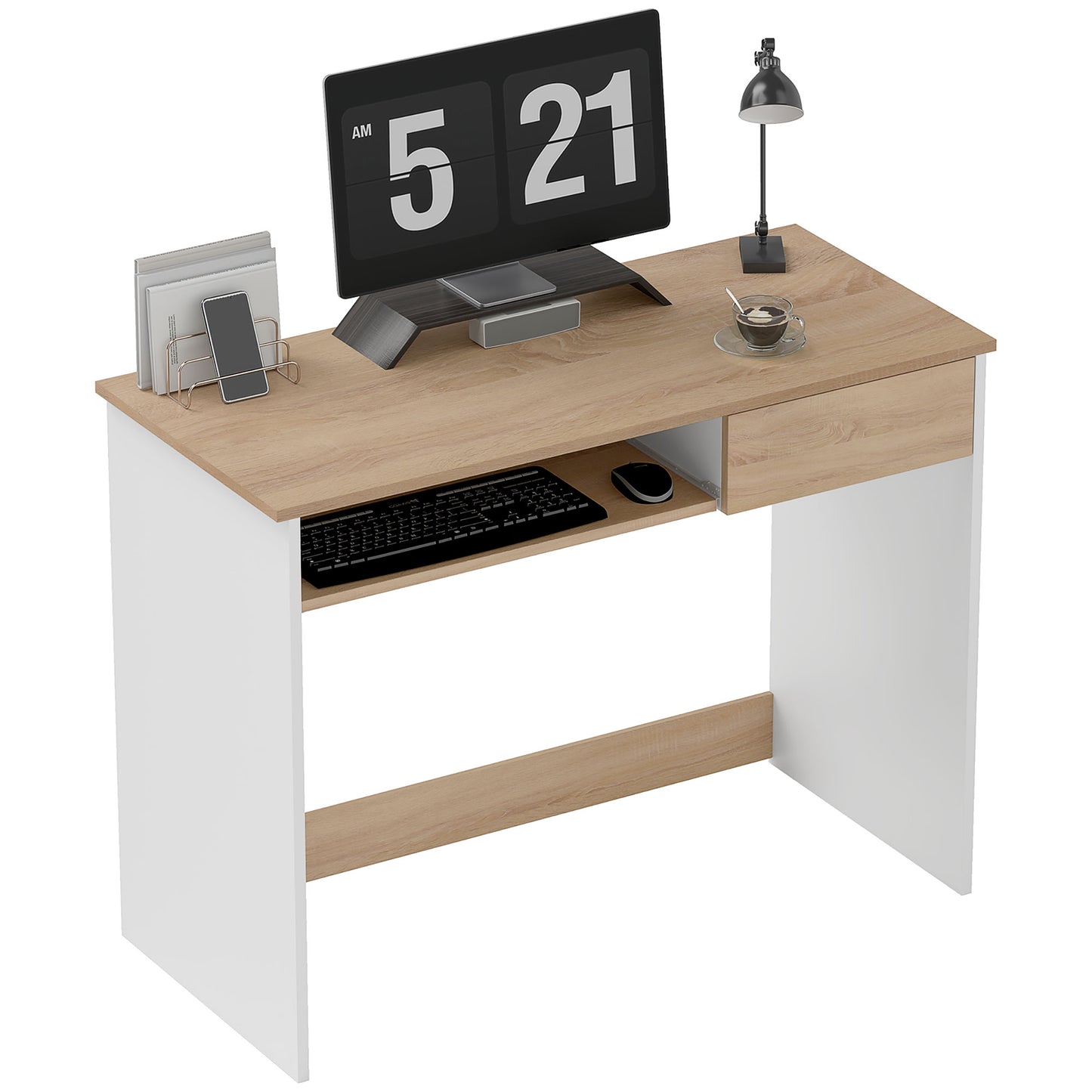 HOMCOM Compact Computer Desk with Keyboard Tray, Home Office Desk with Drawer for Bedroom Study, Oak