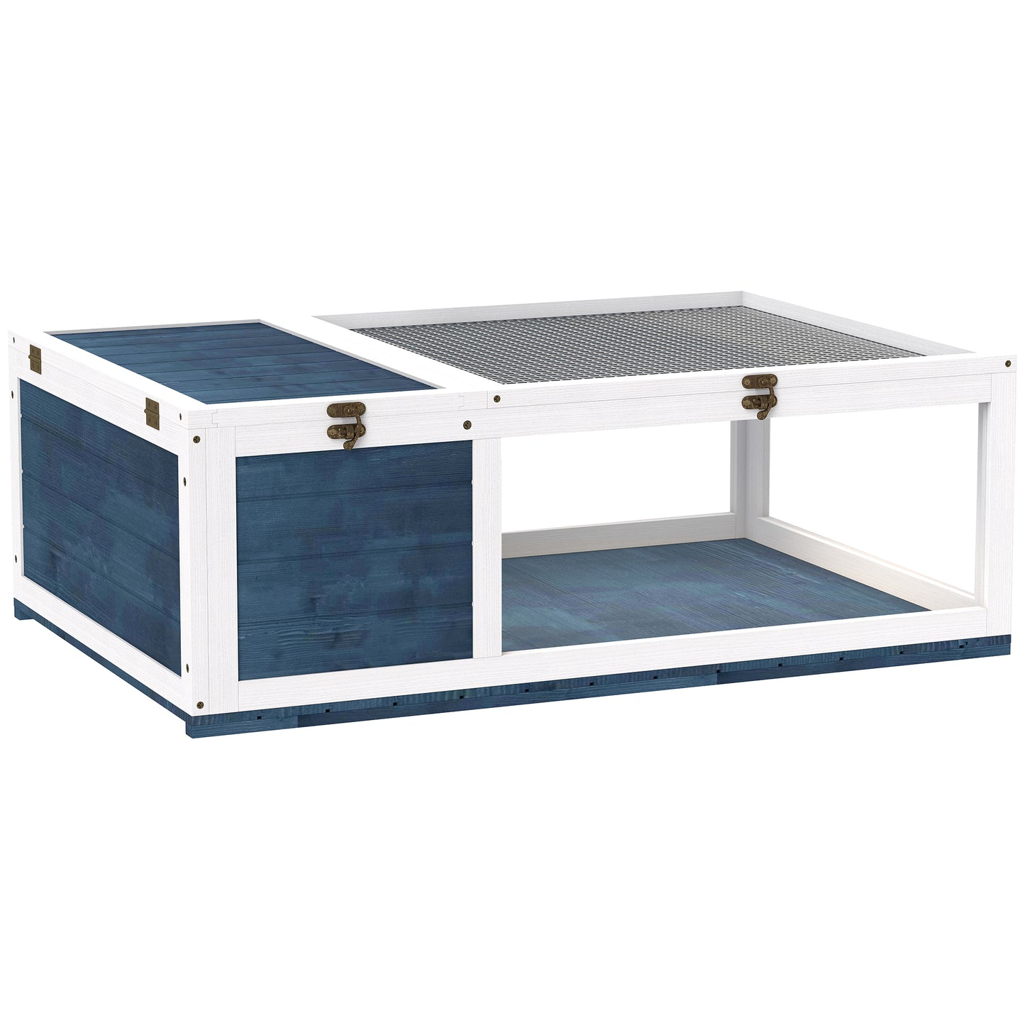 PawHut House enclosure cage habitat for small animals tortoises with 2 spaces 91 x 60.5 x 32 cm solid wood blue