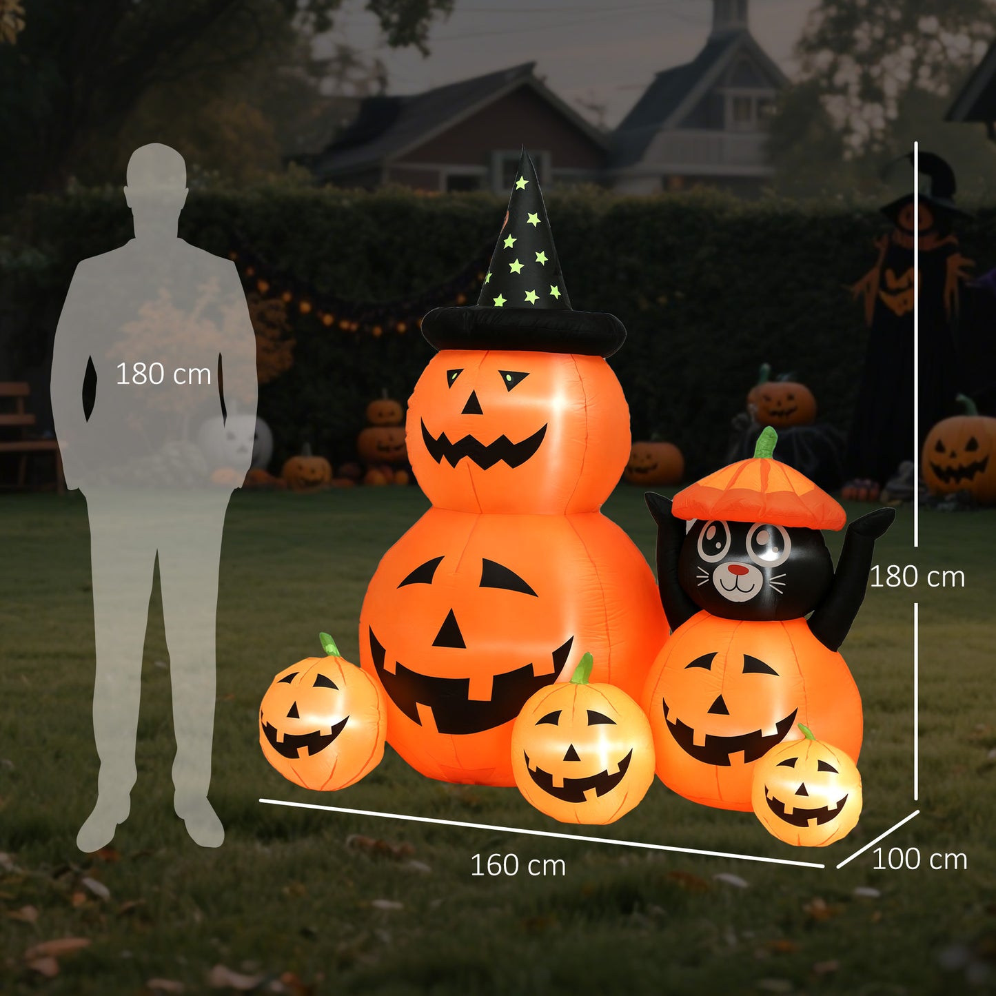 Outsunny Halloween Inflatable 180 cm Pumpkin and Cat with LED Lights, Self-Inflating Outdoor Decoration for Garden Party, Orange and Black