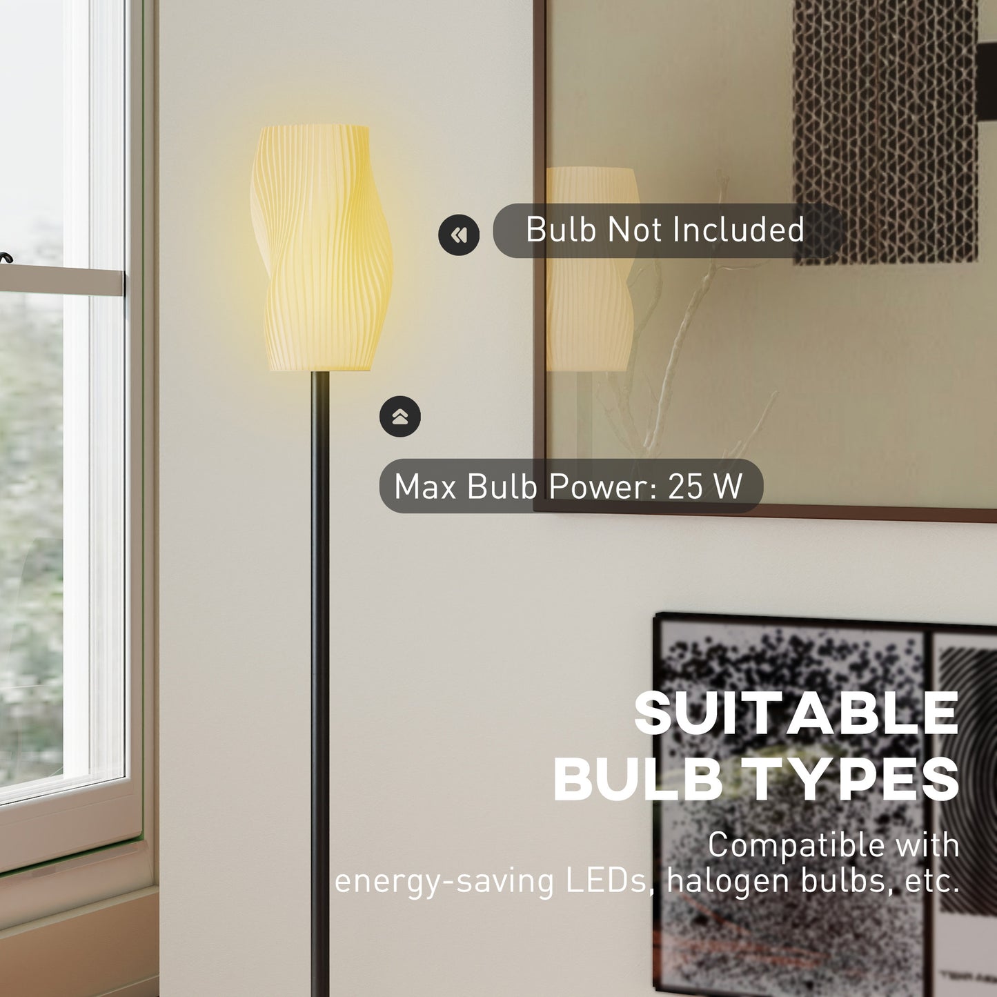 HOMCOM Floor Lamp, 3D Printed Modern Standing Lamp with Curved Shade & Foot Switch, E27 Holder (No Bulb, 25W Max), White