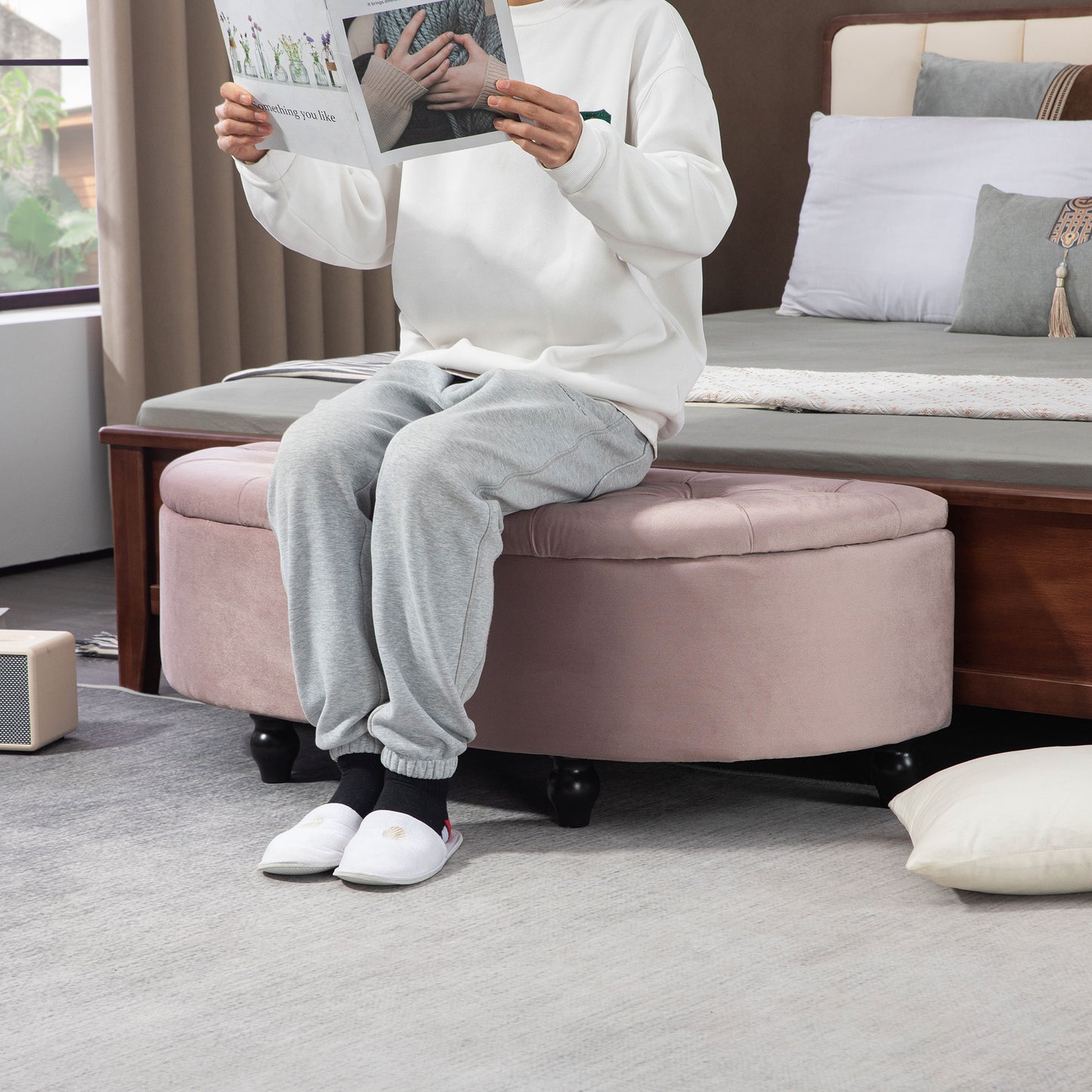 HOMCOM Tufted Semi-Circle Ottoman with Storage - Pink