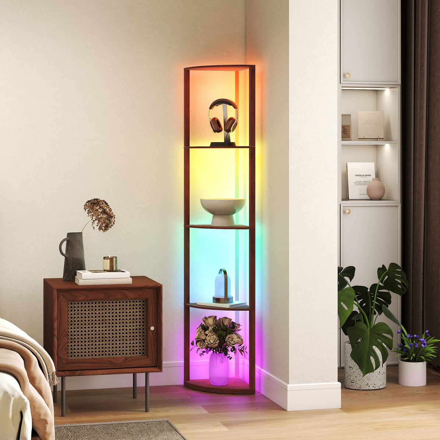 HOMCOM RGB LED Floor Lamp with Shelves, 5-Tier Dimmable Standing Lamp, Adjustable Brightness, Remote Control, Corner Shelf Unit, Brown
