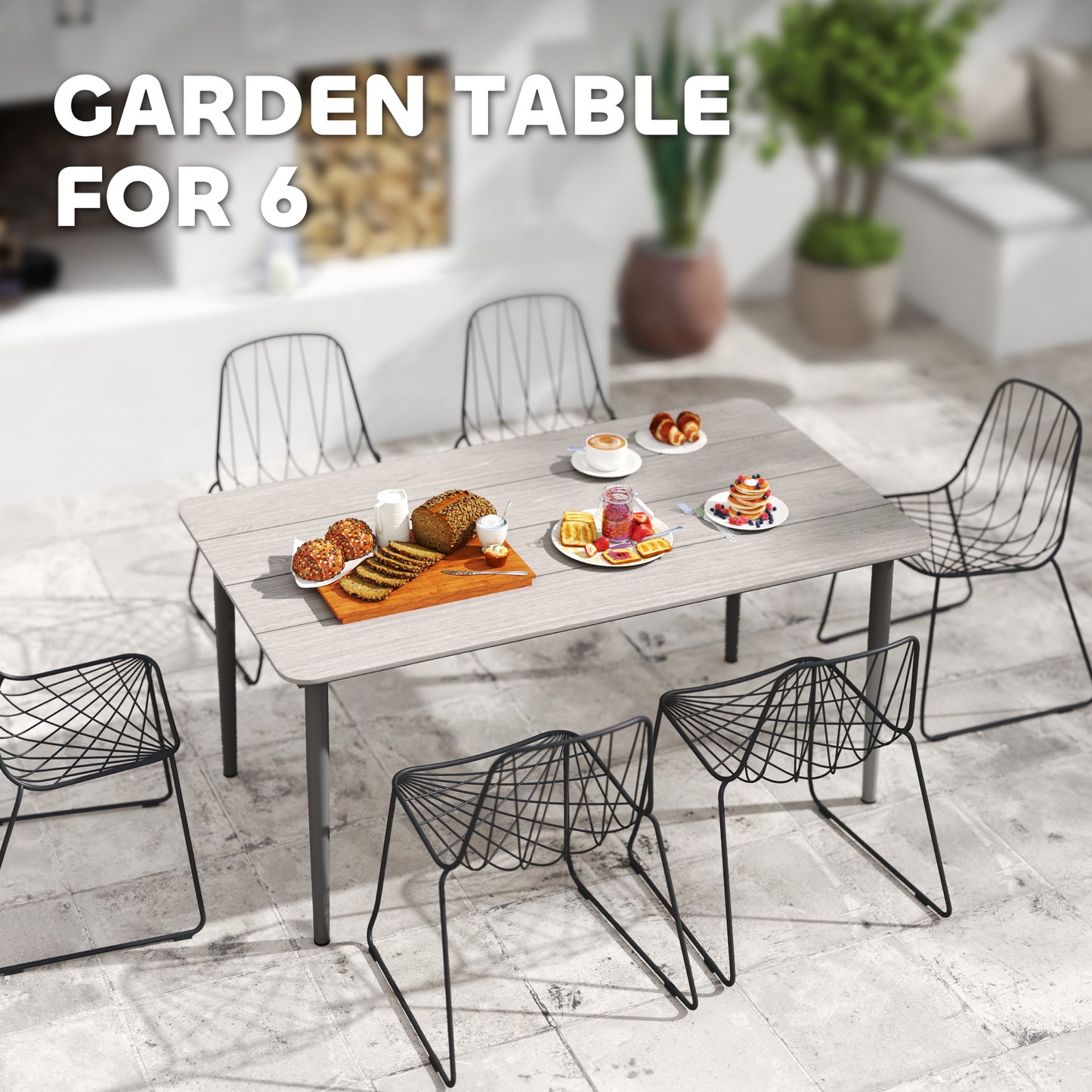 Outsunny Garden Table, Outdoor Dining for 6, Rust-Resistant Metal Frame, WPC Top, 160x90x74 cm, for Balcony/Terrace, Light Grey