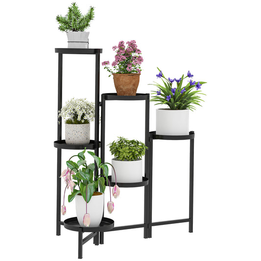 Outsunny 3 Tier Indoor Outdoor Foldable Corner Plant Stand, Metal Round Flower Pot Holder, Black