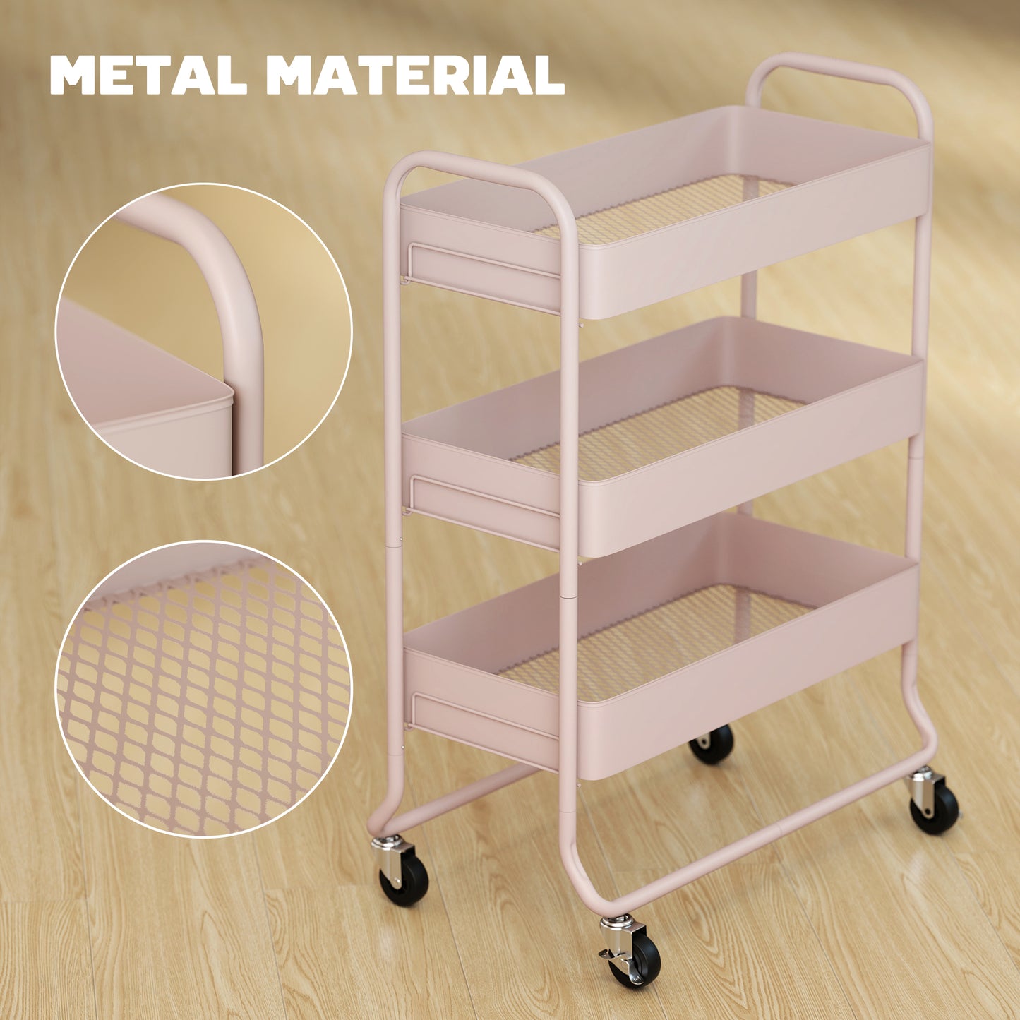 HOMCOM 3-Tier Storage Trolley on Wheels, Rolling Utility Cart with Mesh Backets for Kitchen, Bathroom, Bedroom, Light Pink