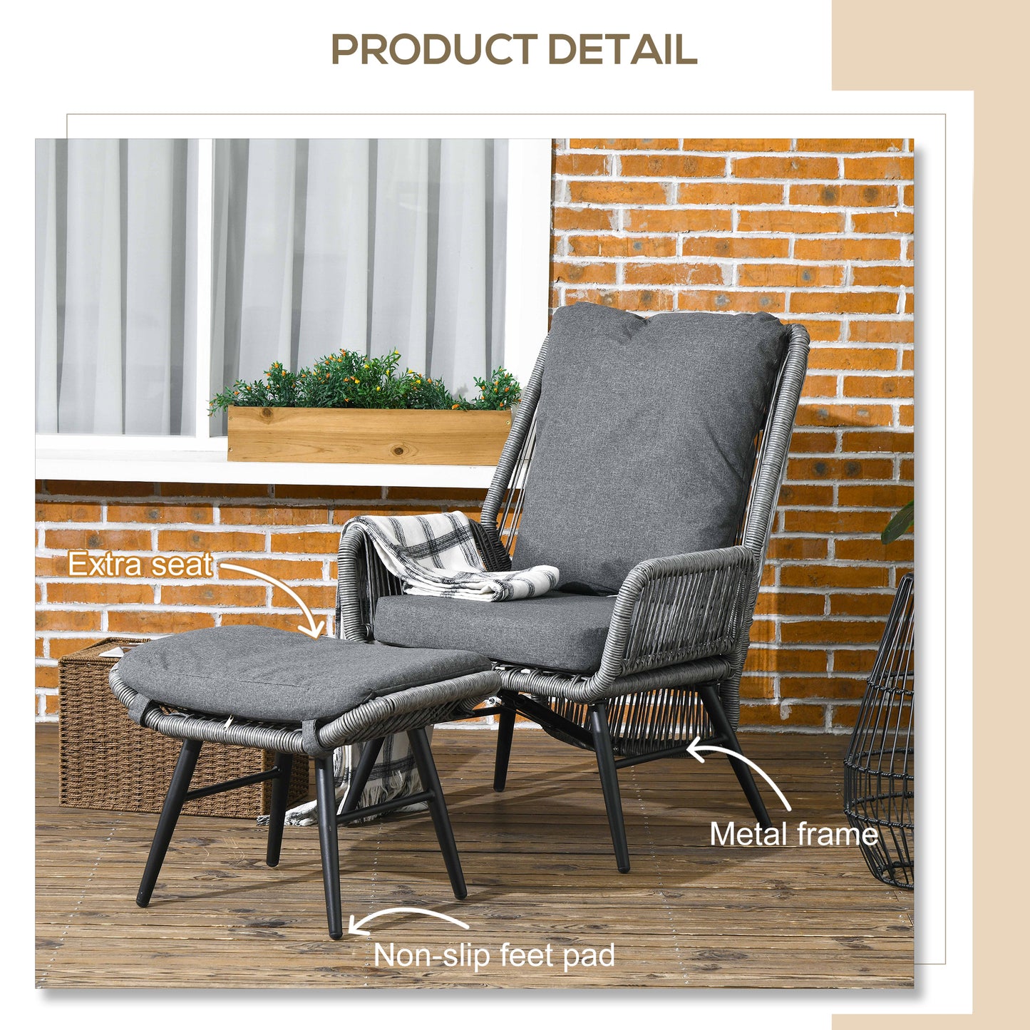 Outsunny 2 PCs PE Rattan Leisure Chair Set Outdoor Reclining Patio Chair and Footrest w/ Adjustable Backrest & Cushion Grey