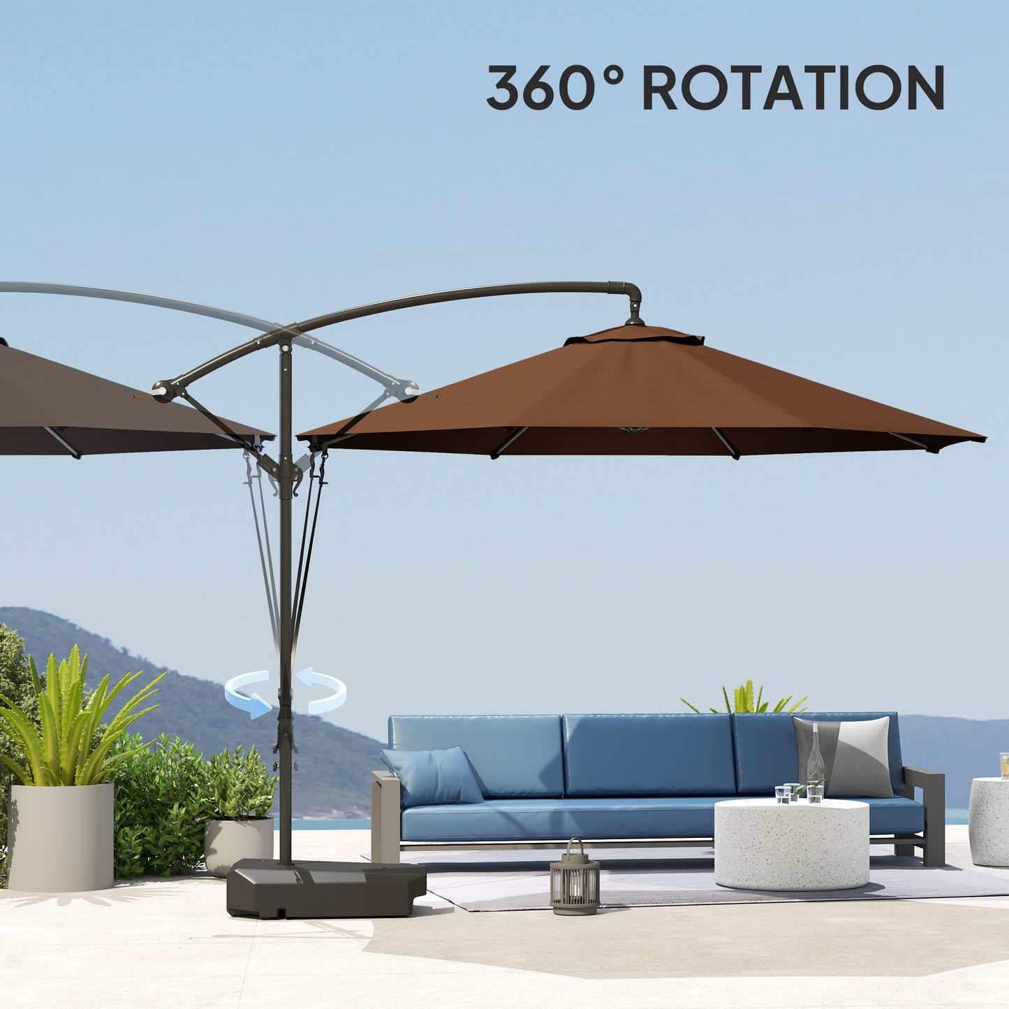 Outsunny Garden Cantilever Parasol with Base, Strap, Cover, Crank Handle, Tilt, UPF50+, Patio Umbrella for Sun Shade, Brown