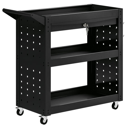 HOMCOM Tool Cart with Lockable Wheels, Rolling Workshop Cart with 3-Tier Trays, Drawer, Pegboards, Black