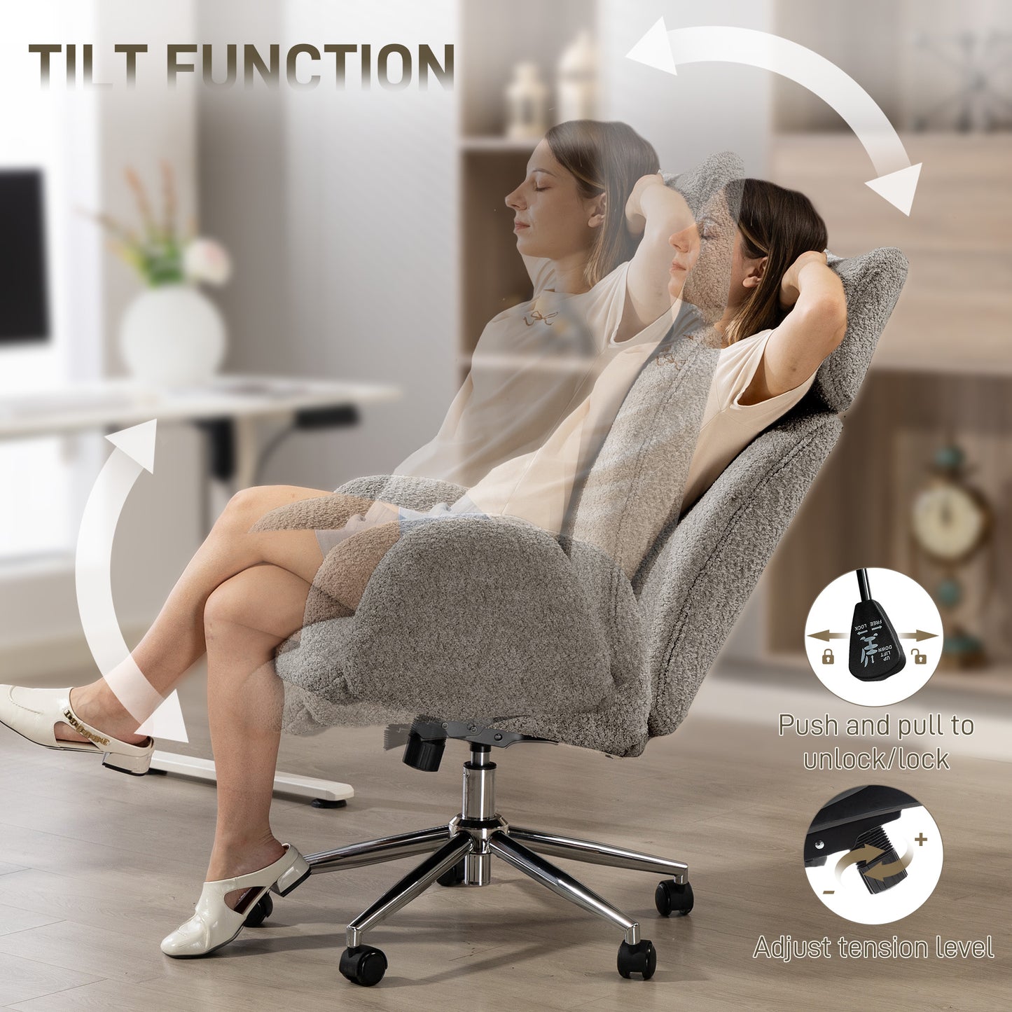 HOMCOM Office Chair with Adjustable Headrest, Spring Pack, Curved Line, Boucle Fabric - Charcoal Grey
