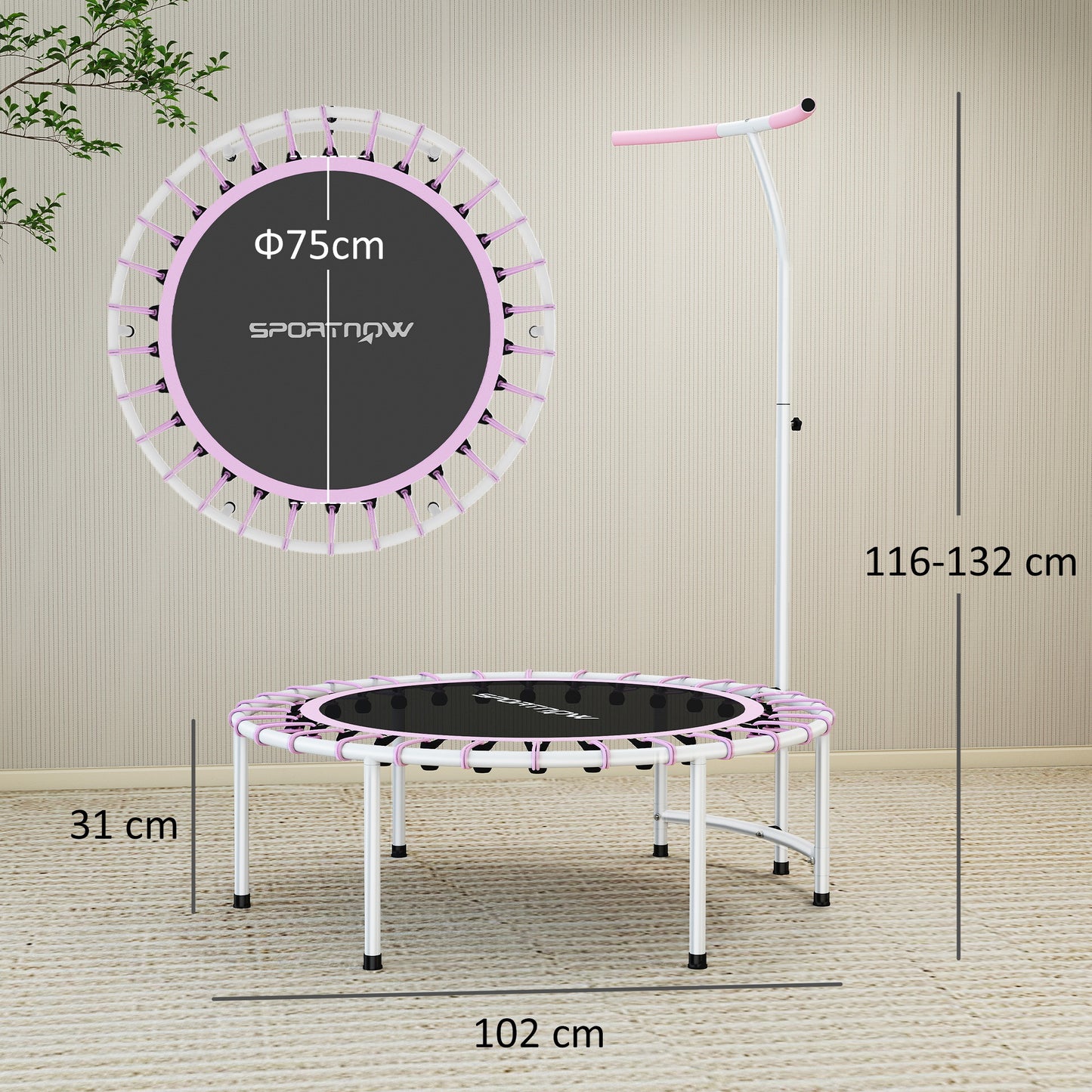 SPORTNOW 40" Fitness Trampoline, Mini Rebounder for Adults with 5-Level Adjustable Handle, Indoor Exercise, Max Load 100KG, Purple