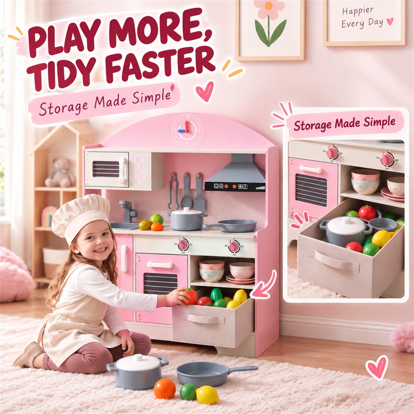 AIYAPLAY Kids Play Kitchen with Lights & Sounds, Pretend Play Toy set with Fabric Drawer, 5-Piece Accessories for 3-6 Years, Pink