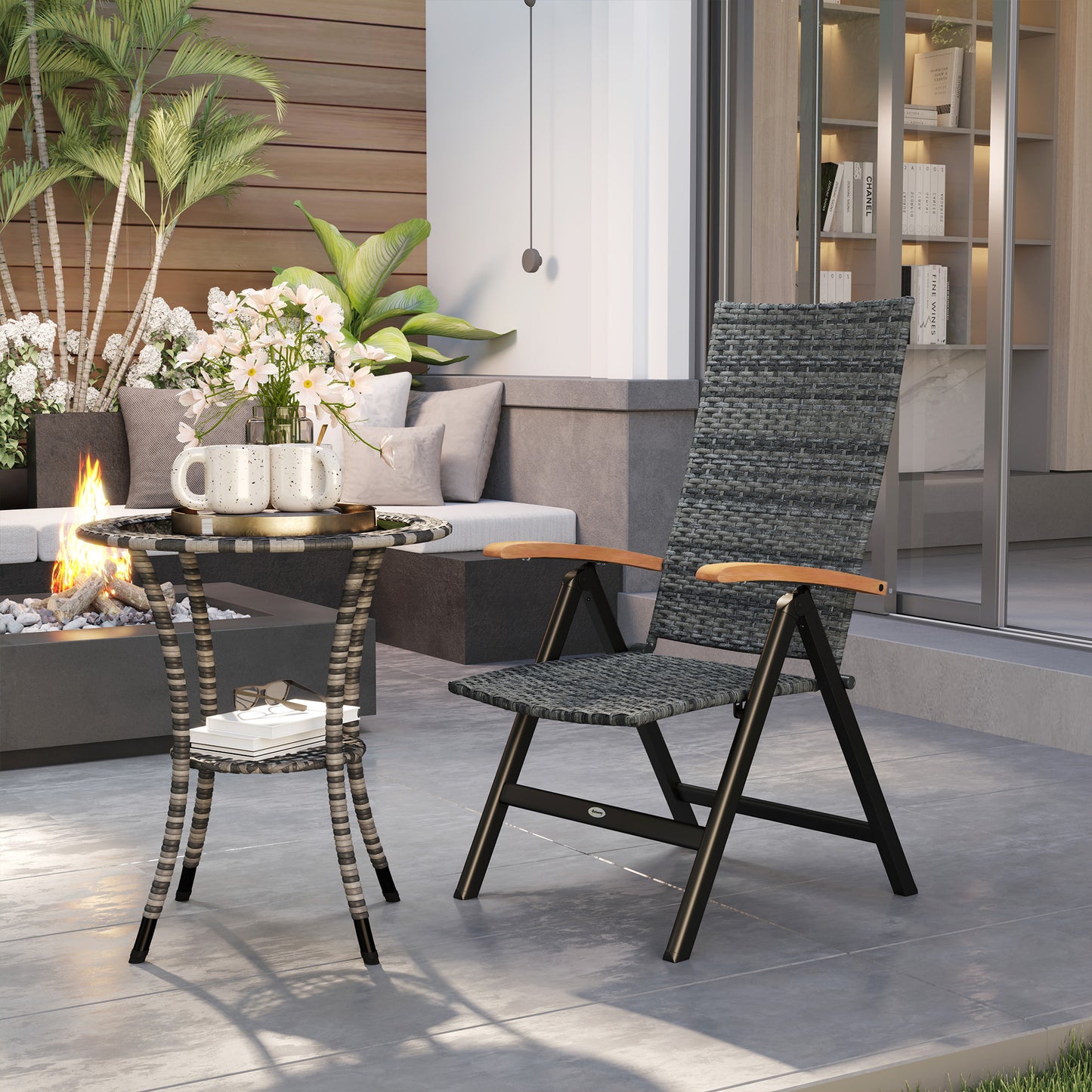 Outsunny Outdoor Foldable Dining Chair with Armrests, High Backrest, for Garden, Camping, Balcony, Porch, Mixed-grey