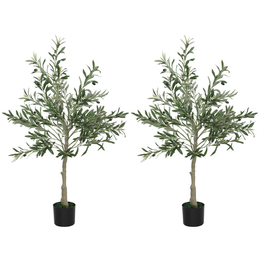 HOMCOM Set of 2 4ft Artificial Silk Olive Tree with 450 Leaves and 20 Olives in Pot, Fake Plant for Home, Office, Indoor Decor, Green