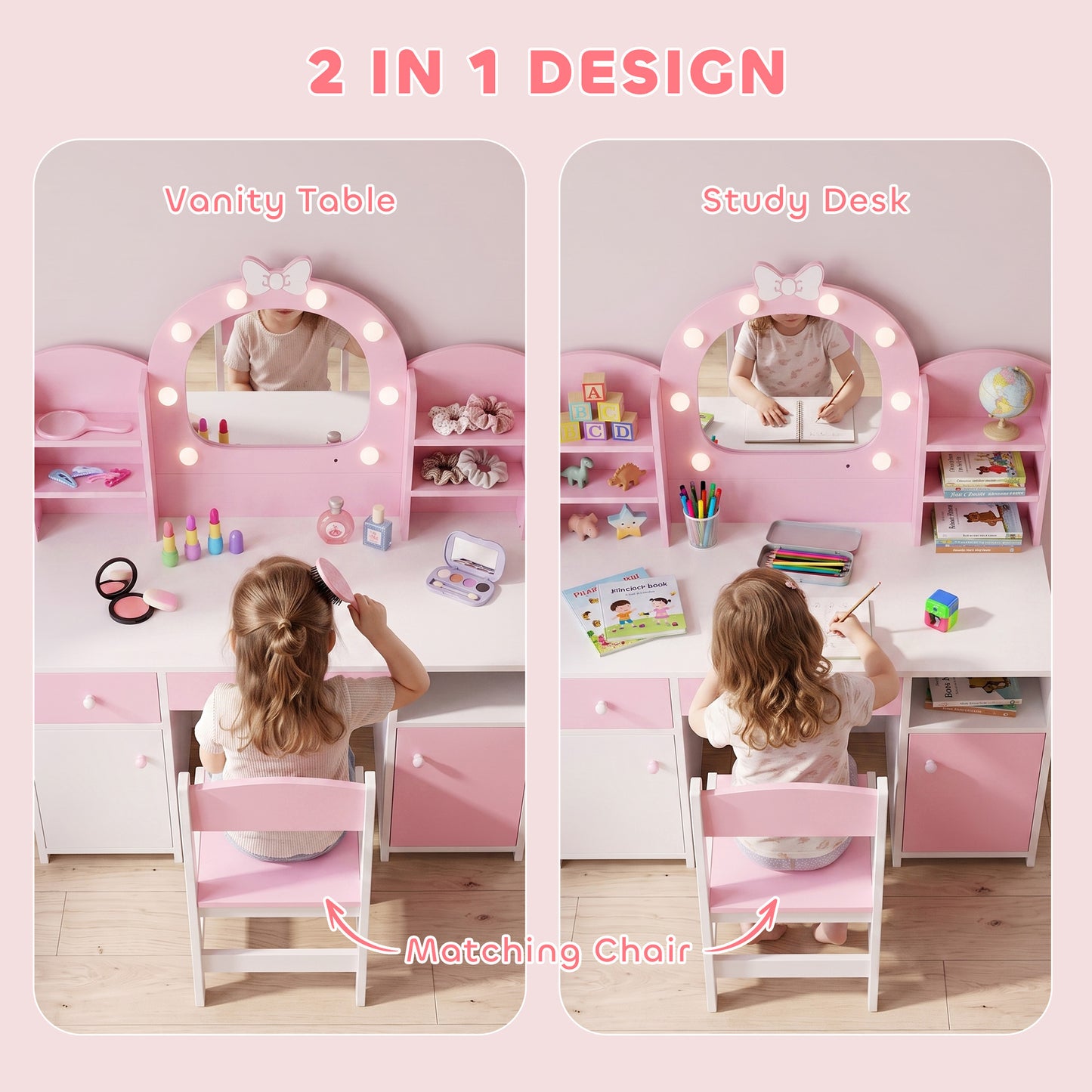 AIYAPLAY Kids Vanity Set, Kids Dressing Table with Stool, 2-Colour Lights Mirror, Cabinet, Drawer and Shelves, Pink