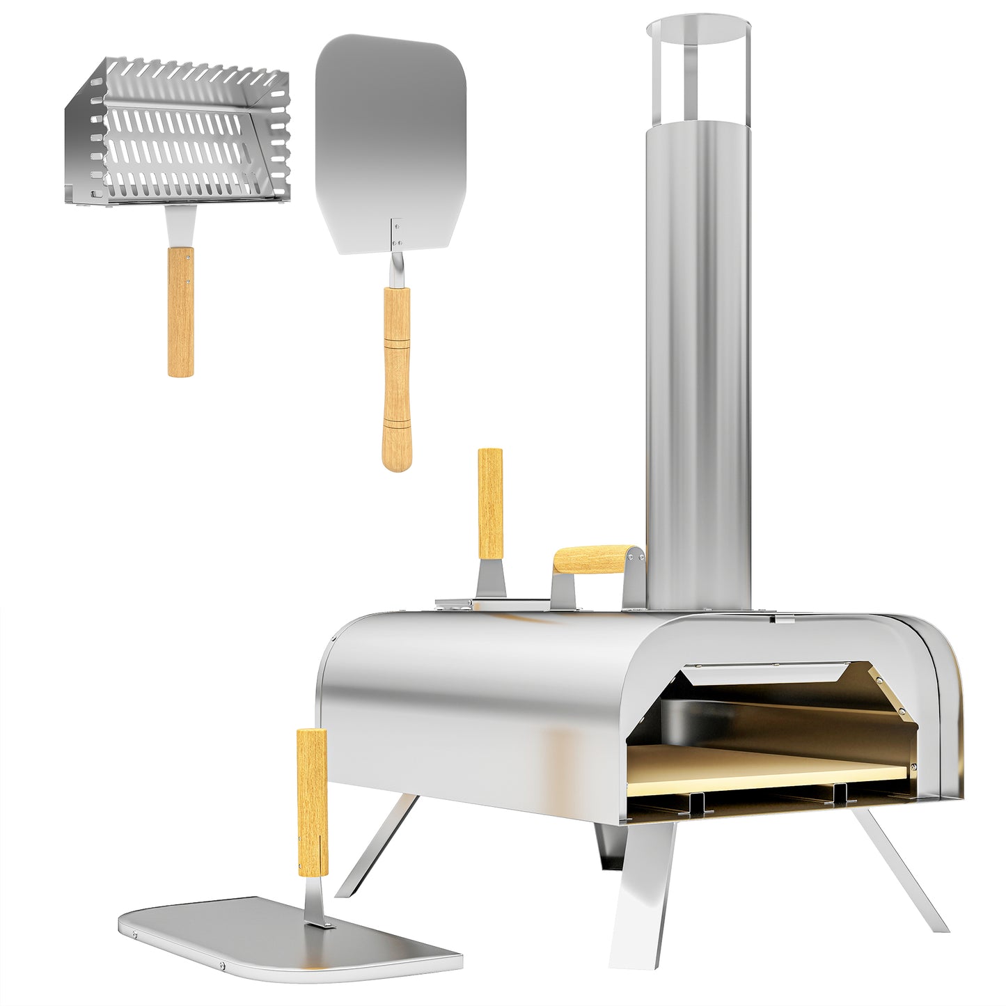Outsunny Portable Wood Pellet Pizza Oven with Stone & Peel, Foldable Legs, Chimney, 12" Wood Fired Pizza Maker, Stainless Steel for Outdoor Cooking