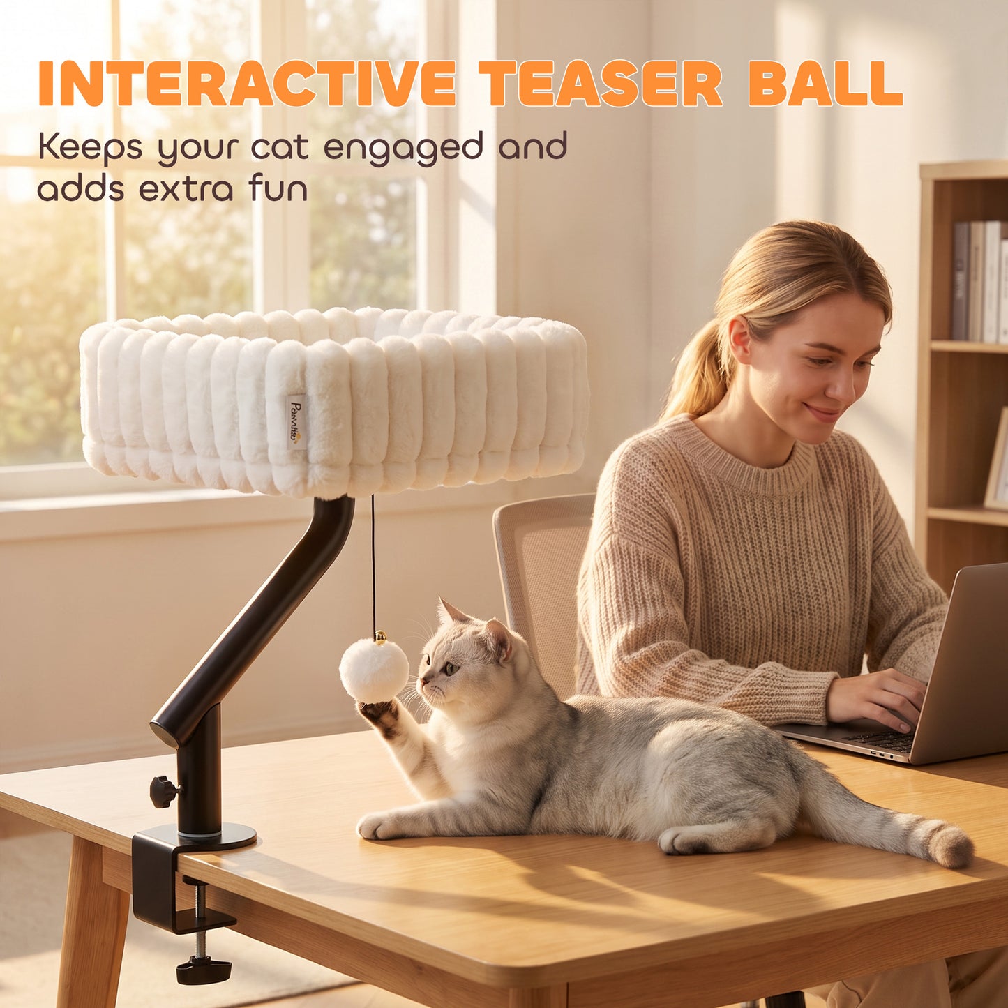 PawHut Cat Desk Bed, Rotatable Raised Cat House for Desk, Window, Soft Kitten Hammock with Hanging Ball, White