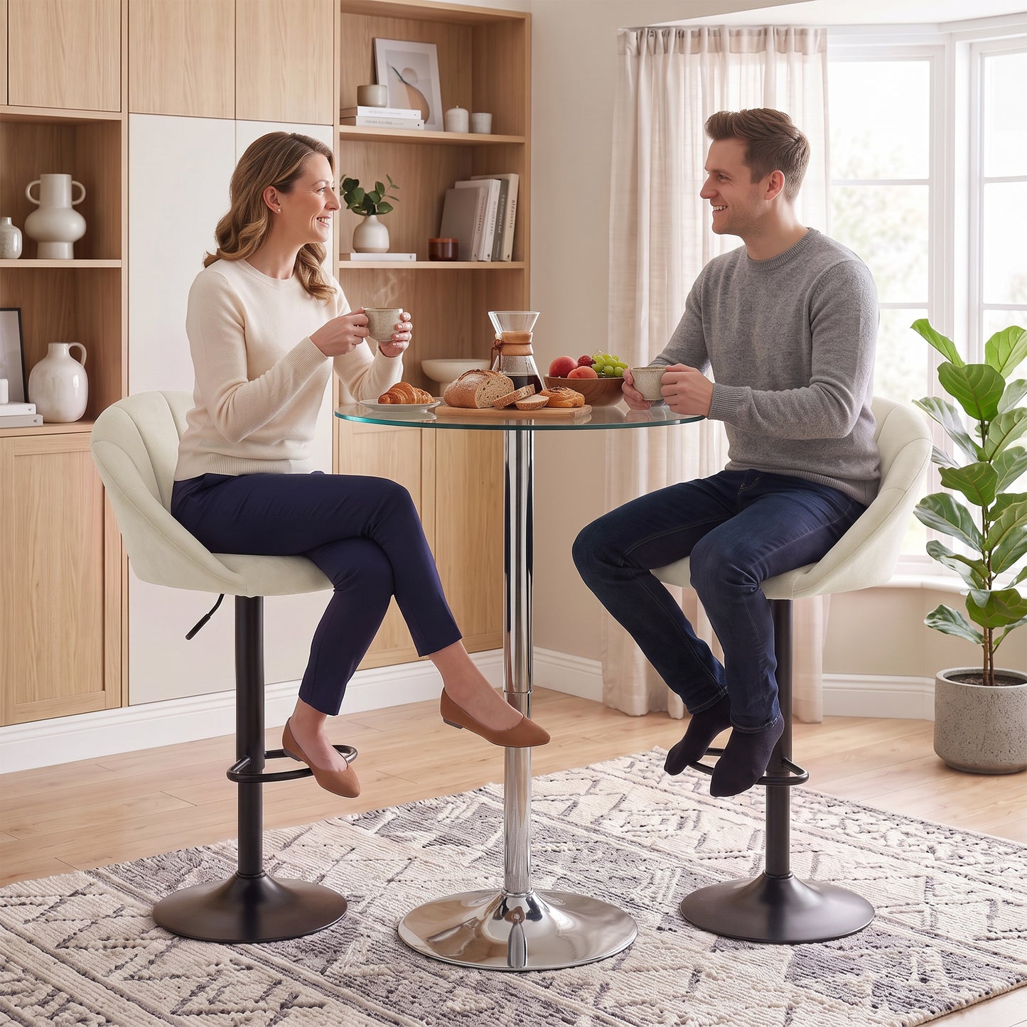 HOMCOM Set of 2 Velvet-Feel Bar Stools, Swivel Adjustable Height Breakfast Bar Chairs with Backrest, Footrest, Quilted Kitchen Stools for Dining Room, White