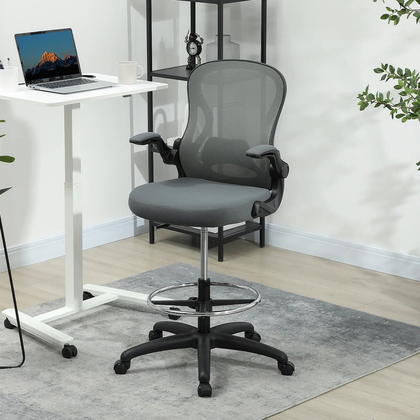 Vinsetto Draughtsman Chair with Flip-up Armrests, Mesh Standing Desk Chair with Lumbar Support and Adjustable Foot Ring for Bar Counter, Charcoal Grey