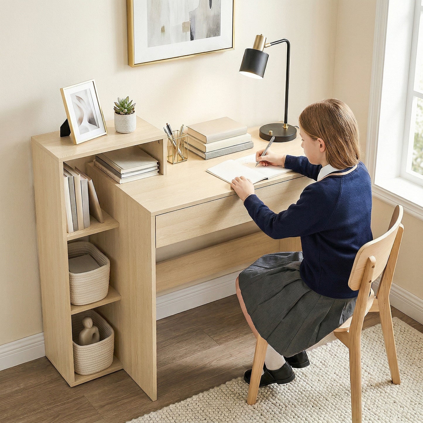 HOMCOM Desk with Storage, Computer Desk with 3 Open Shelves and Drawer, Workstation, Computer Table, Natural