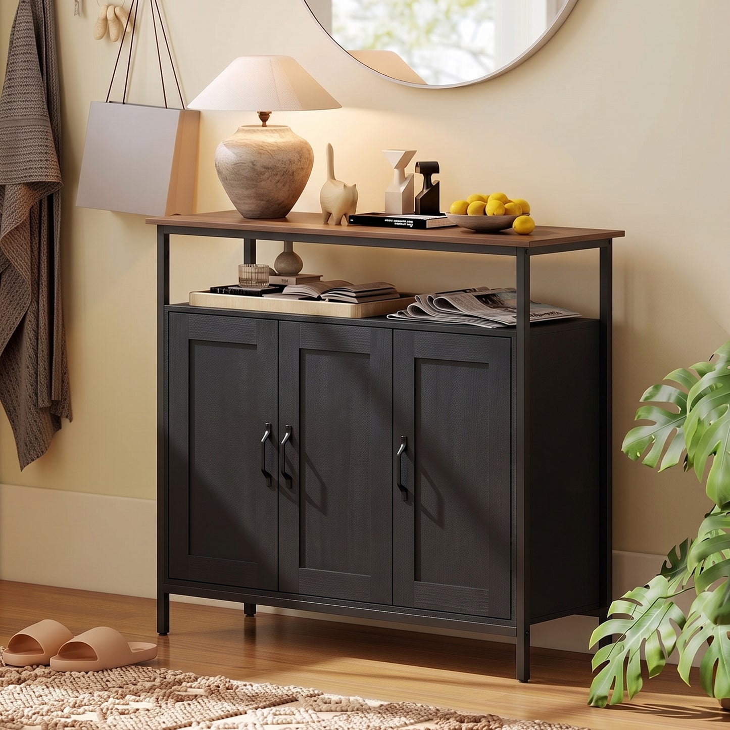 HOMCOM Industrial Kitchen Sideboard with Open Shelf, 2 Cabinets, Adjustable Shelves for Living Room, Dining Room, Black