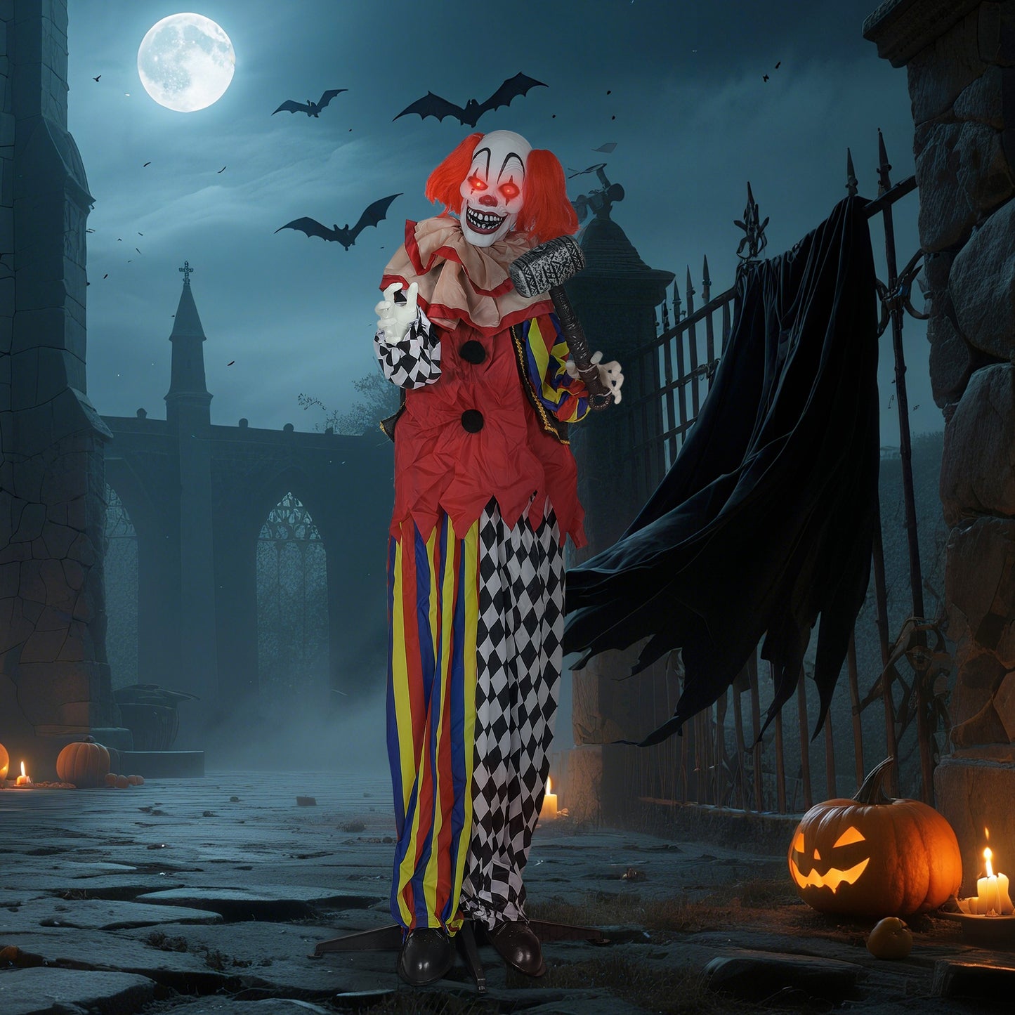 Outsunny Life Size Halloween Animated Clown with Red Light Up Eyes, Sound Activated Moving Arms & Head, Battery Operated Indoor Prop, 173 cm, Red