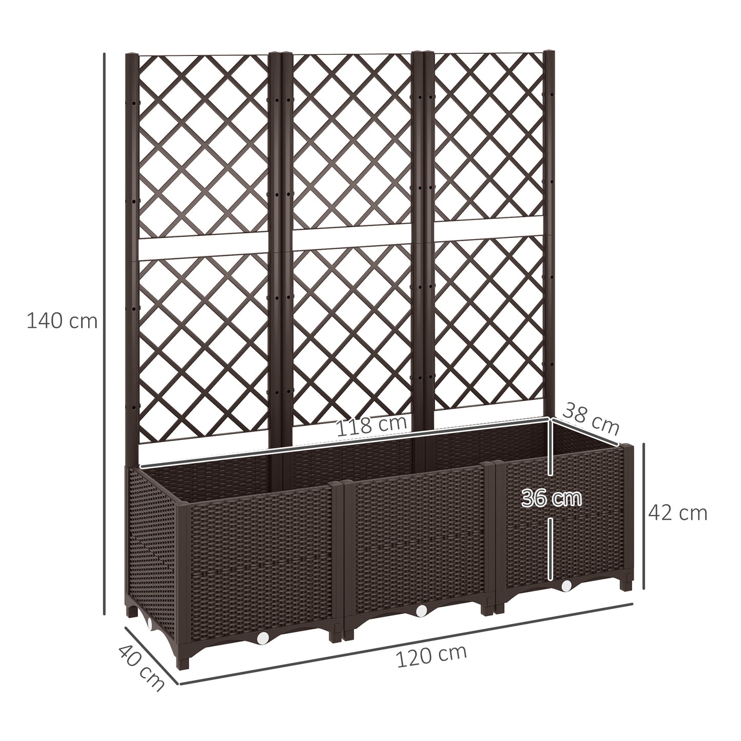 Outsunny Raised Garden Bed with Trellis, Plastic Planter Box with Drainage Holes 3 wide Brown