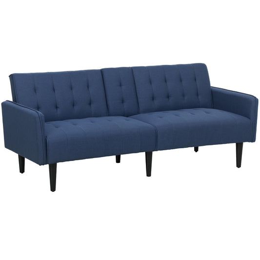 HOMCOM Upholstered Click Clack Sofa Bed, Linen-Feel 3 Seater Sofa Bed with Storage and Cupholders, Dark Blue