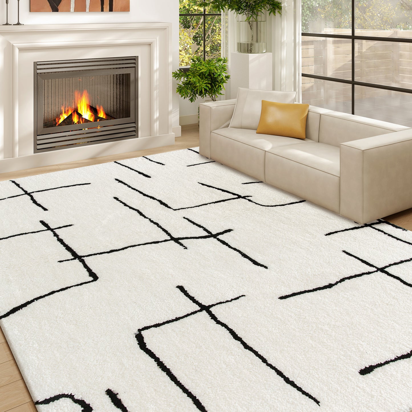 HOMCOM Fluffy Area Rug, Geometric Washable High Pile Carpet, 170x120 cm for Living Room, Bedroom, Home Office, Dining Room, Cream