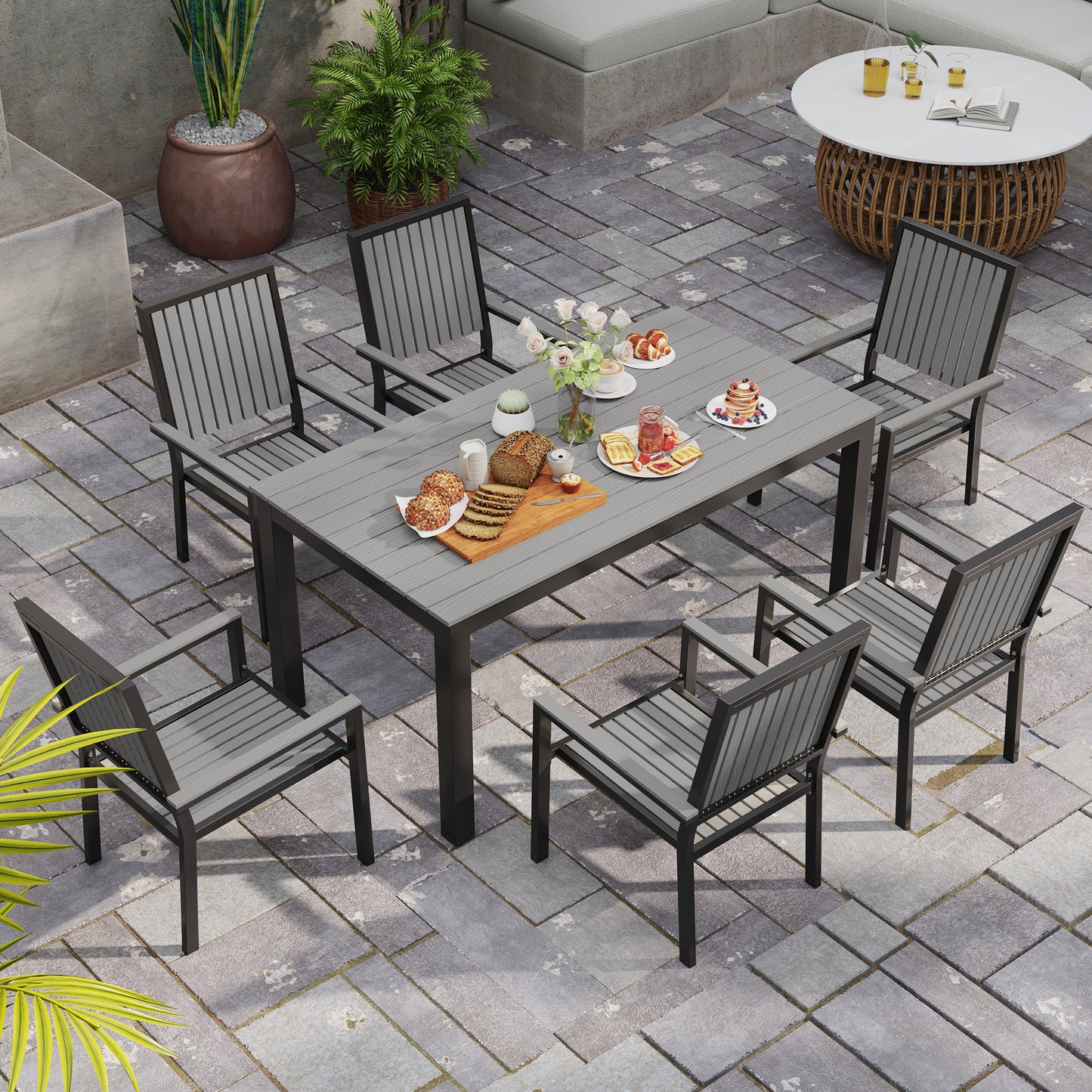 Outsunny 6 Seater Garden Dining Set, Stackable Chairs, Aluminum Frame, Rectangular Top, Outdoor Furniture for Patio/Poolside, Grey