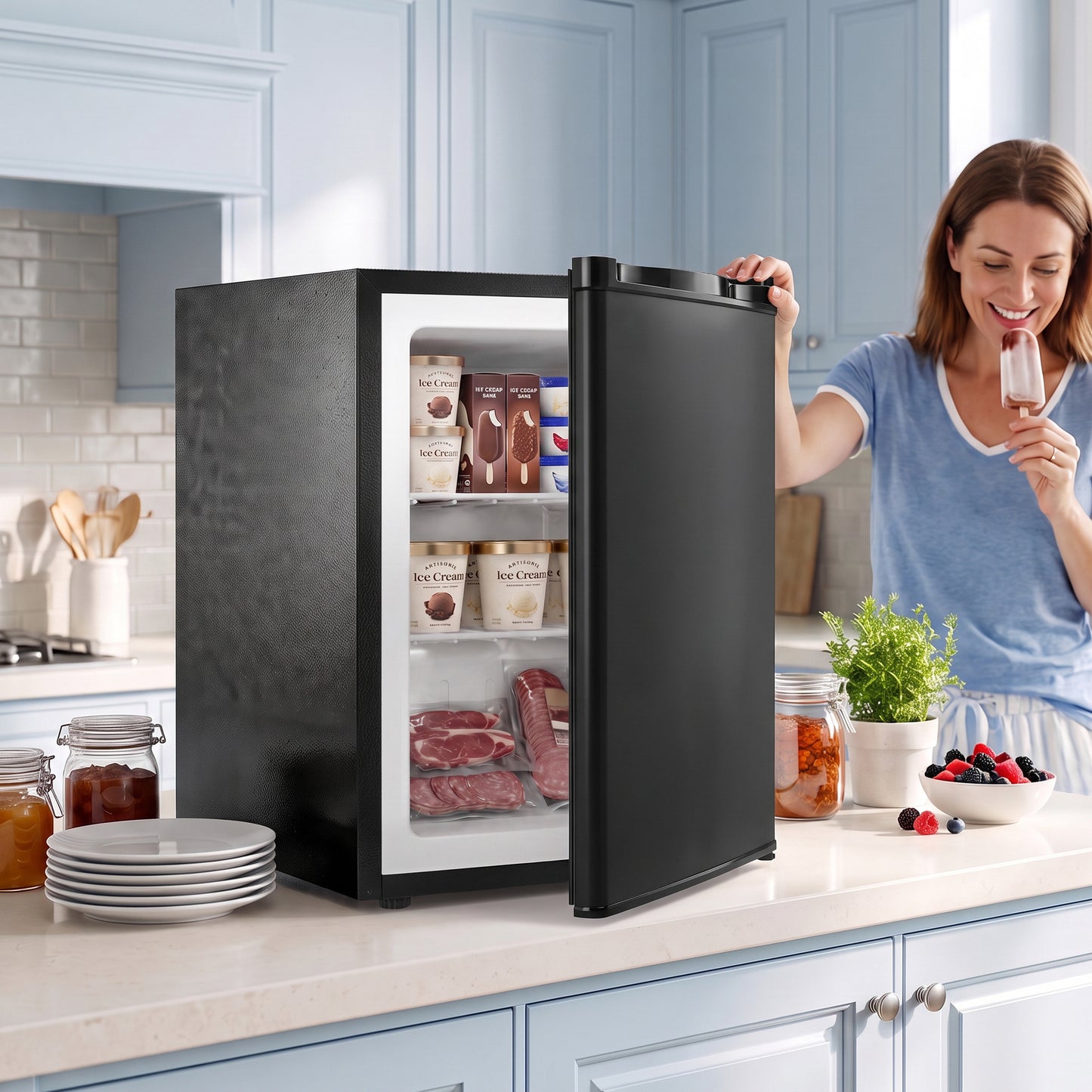 HOMCOM 60L Tabletop Mini Freezer, Countertop Small Freezer with Reversible Door, Removable Wire Shelves, Black