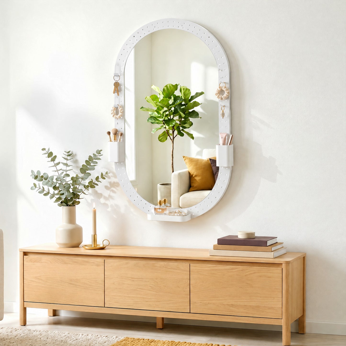 HOMCOM Oval Wall Mirror, 60 x 90 cm Decorative Hanging Mirror with Pegboard Frame, Wall-Mounted, White