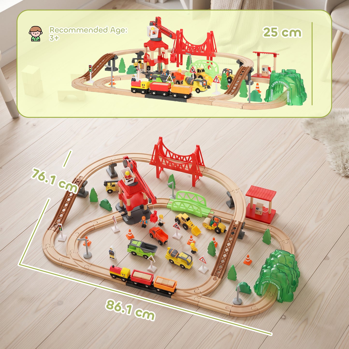 AIYAPLAY 91-Piece Wooden Train Set, Toy Train with Magnetic Crane, Sound Effects Track, for Kids Ages 3+