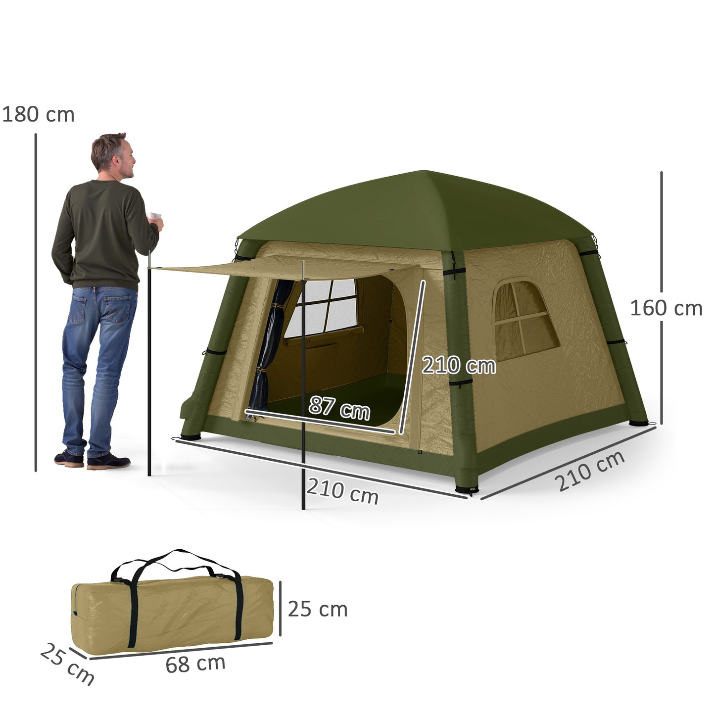 Outsunny Inflatable Camping Tent with Hand Pump, Easy Setup for 1-2 People, Waterproof and Windproof with Mesh Windows and Carry Bag, Brown