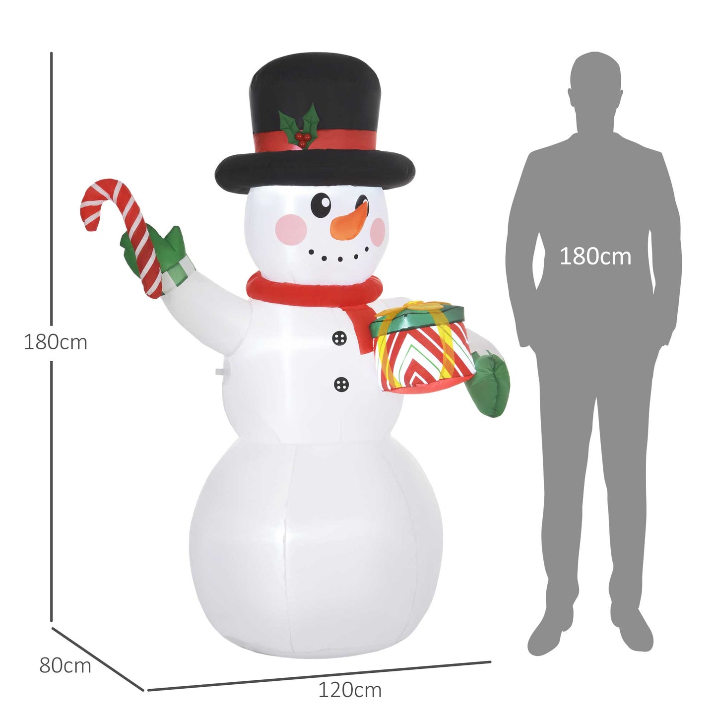 Outsunny 6FT Christmas Inflatable Snowman with Candy Cane and Gift Box, Christmas Blow Up Snowman with Built-in LED Light for Indoor, Outdoor, Party
