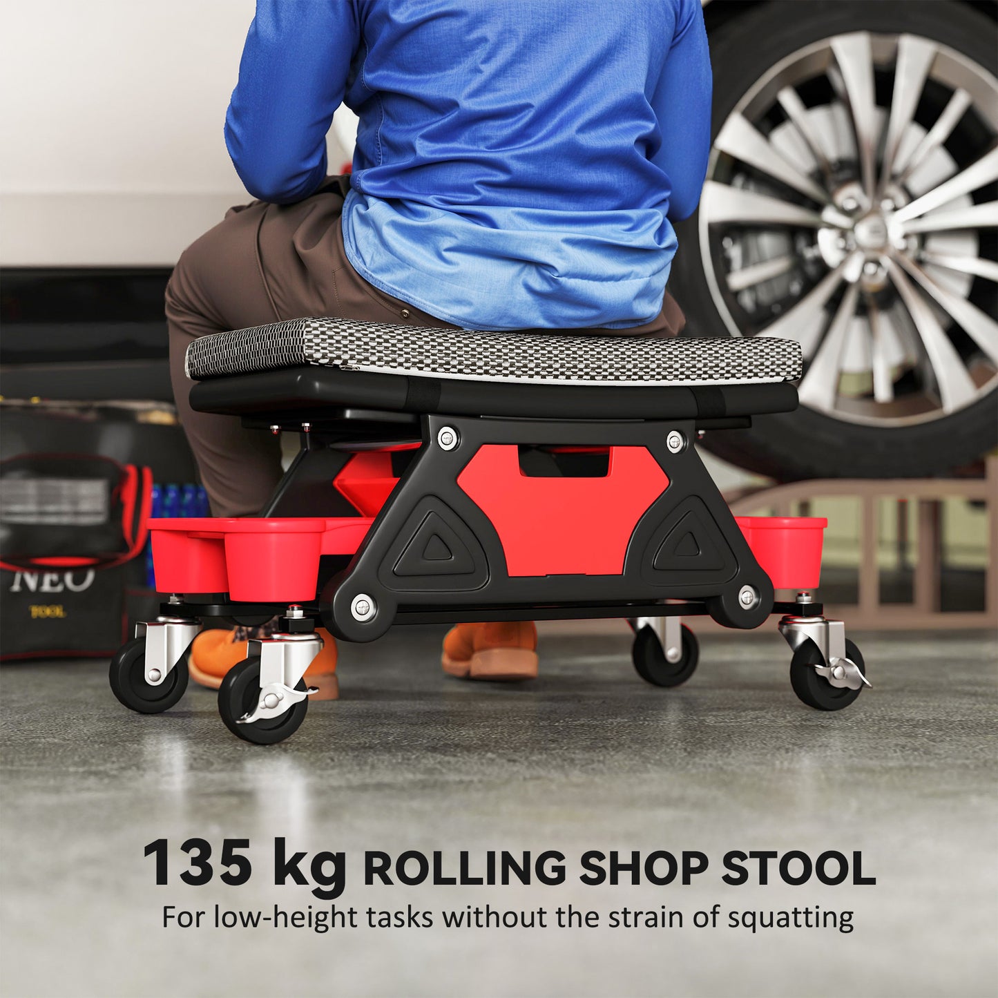 HOMCOM Rolling Mechanic Stool, 135kg Capacity, 360° Swivel, Padded Creeper Seat with Wheels, Tool Trays & Drawer for Garage, Auto Repair, Black