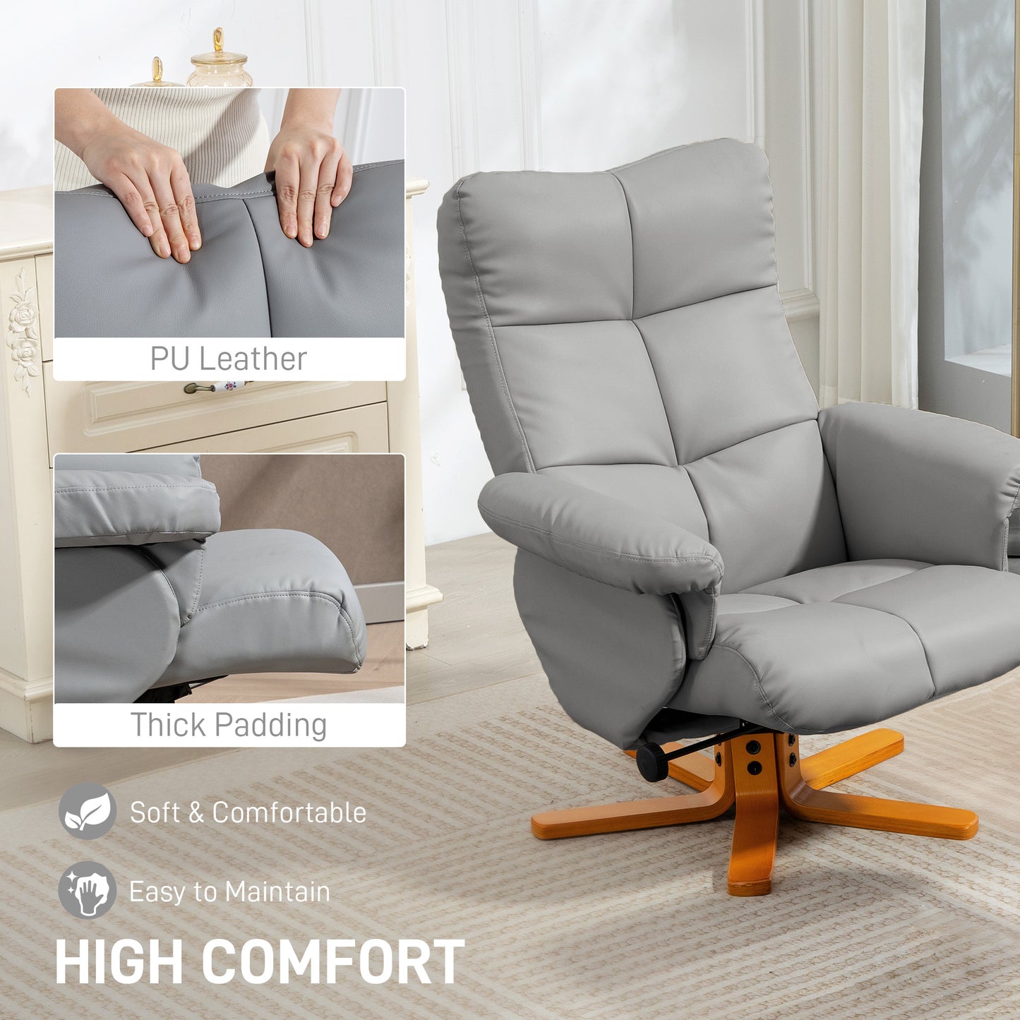 HOMCOM Recliner Armchair, Swivel Chair with Ottoman, Faux Leather, Wooden Base, Storage Footstool for Living Room, Light Grey