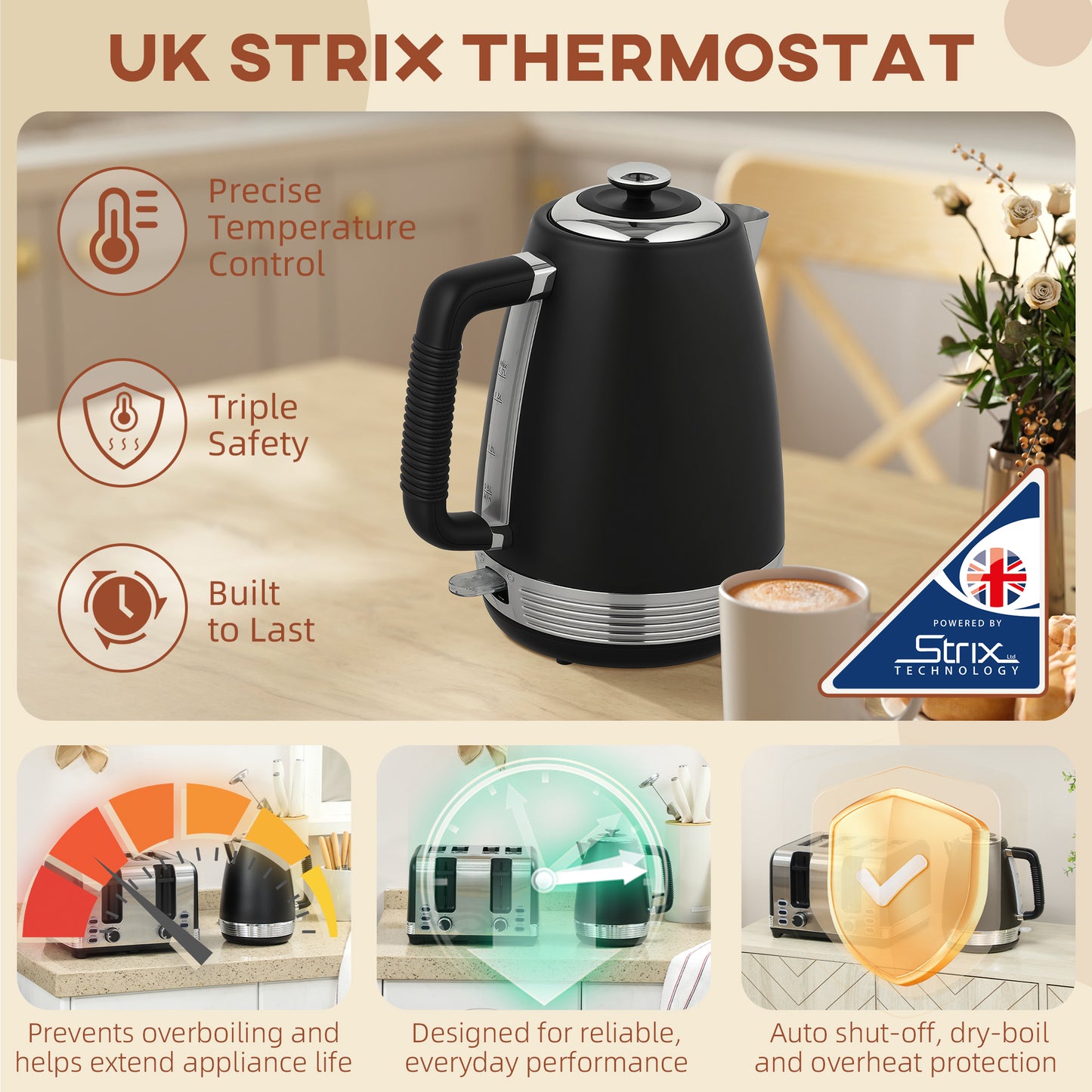 HOMCOM Stainless Steel Kettle and Toaster Set, 1.7L Rapid Boil Kettle, Limescale Filter, 4 Slice Toaster, 7 Browning Levels, Black/Silver