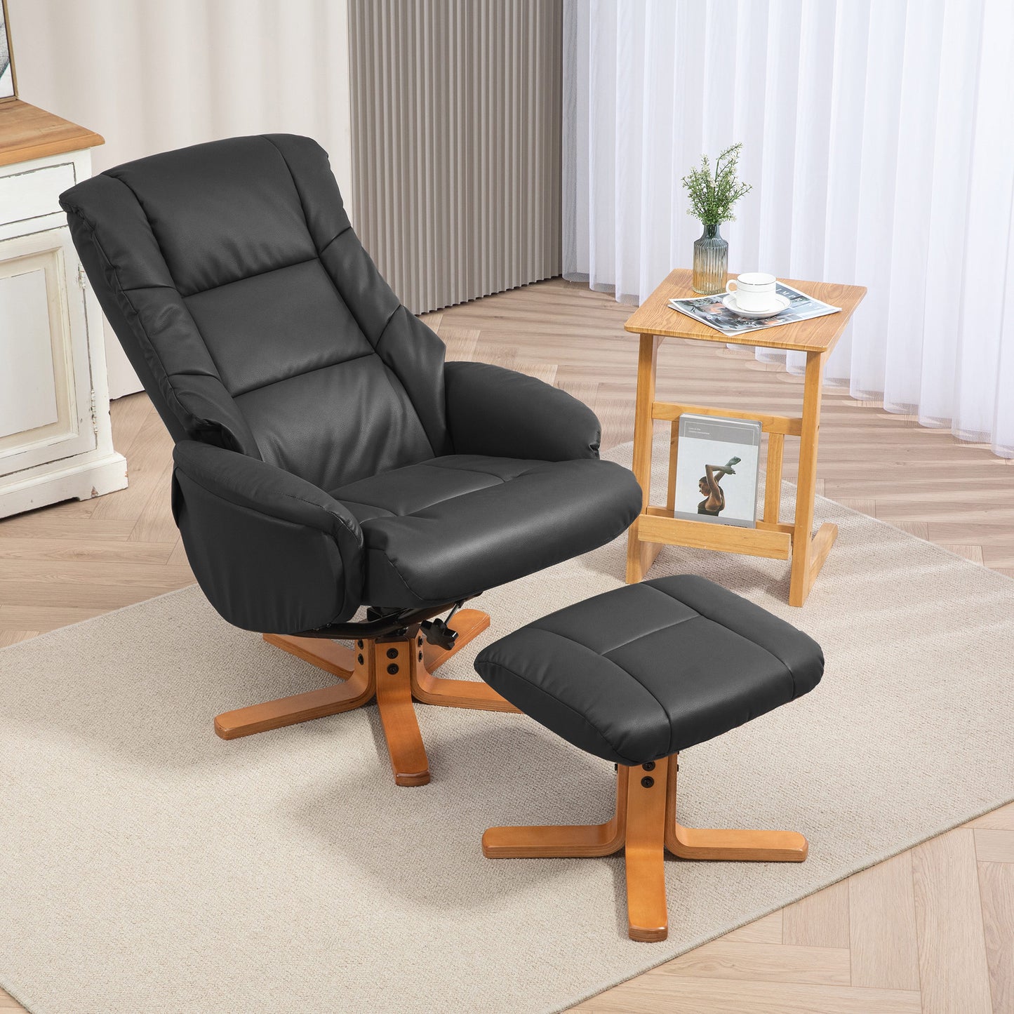 HOMCOM Rocking Recliner Chair with Footstool, PU Leather Armchair, Wood Base, Upholstered for Living Room/Bedroom, Black