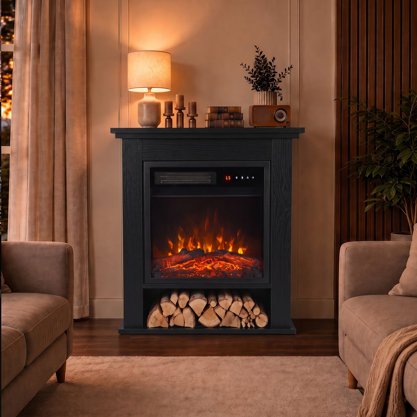 HOMCOM Electric Fireplace Suite with Shelf, 25" 1800W Electric Fire and Surround with LED Flame, 5 Brightness, Remote, Black