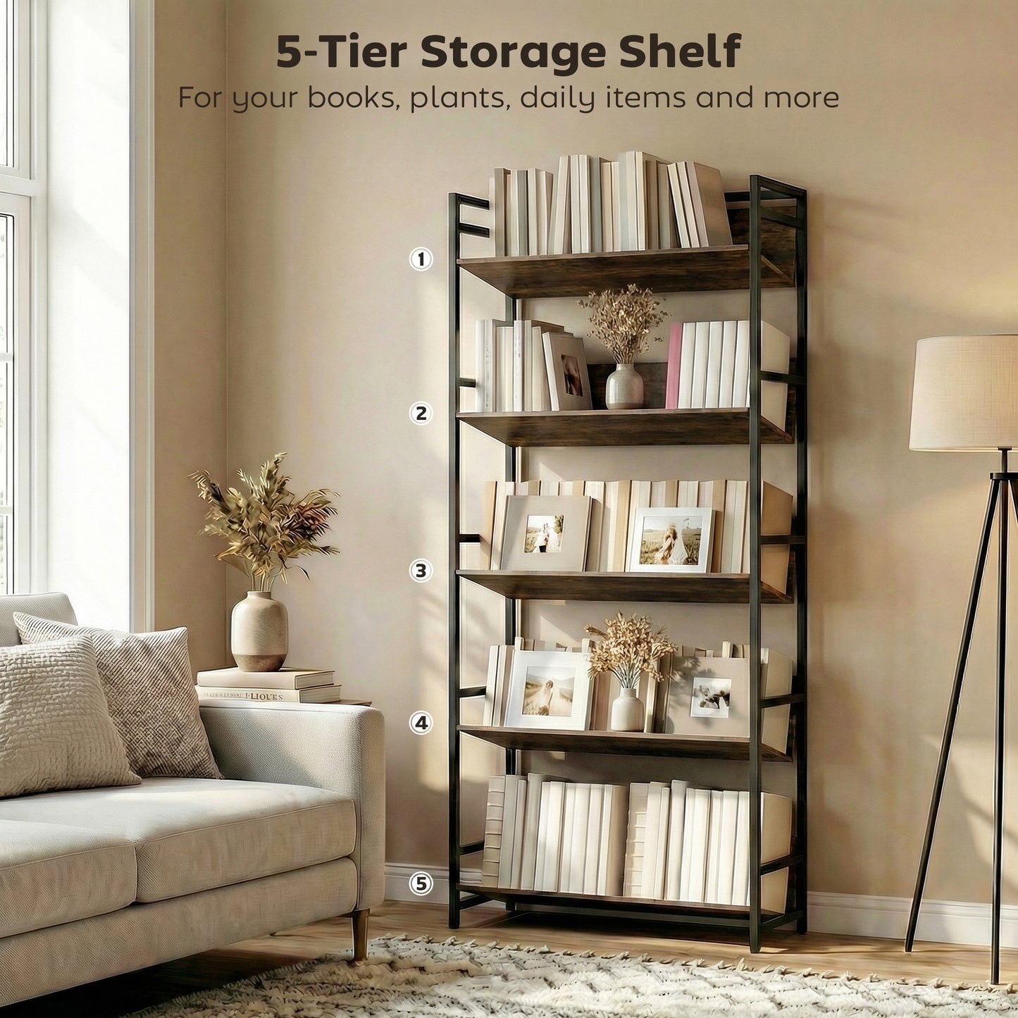 HOMCOM Bookshelf 5-Tier Metal Frame Room Divider Bookcase Storage Shelves for Living Room Rustic Brown